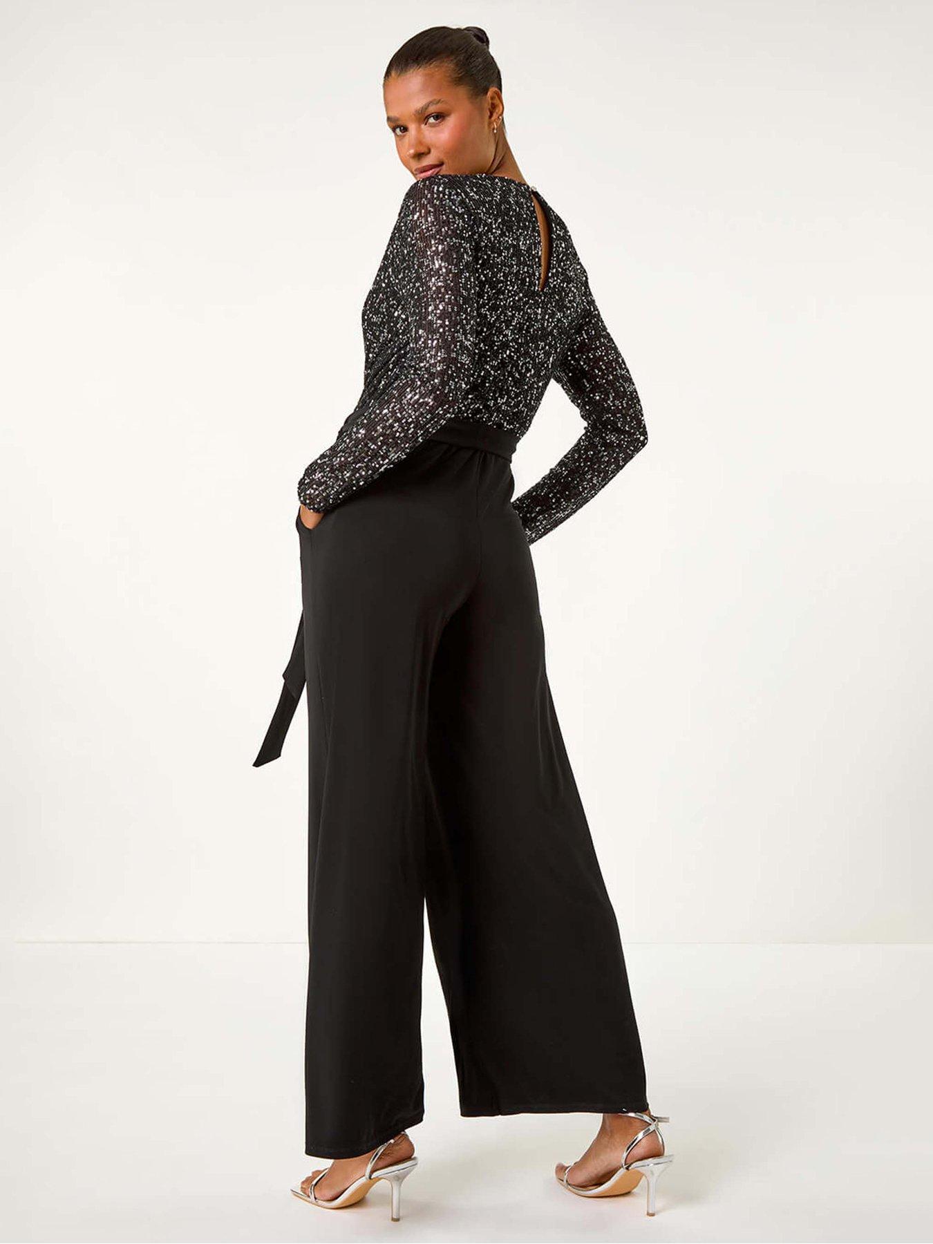Roman Sequin Wrap V-neck Stretch Jumpsuit - Black | Very
