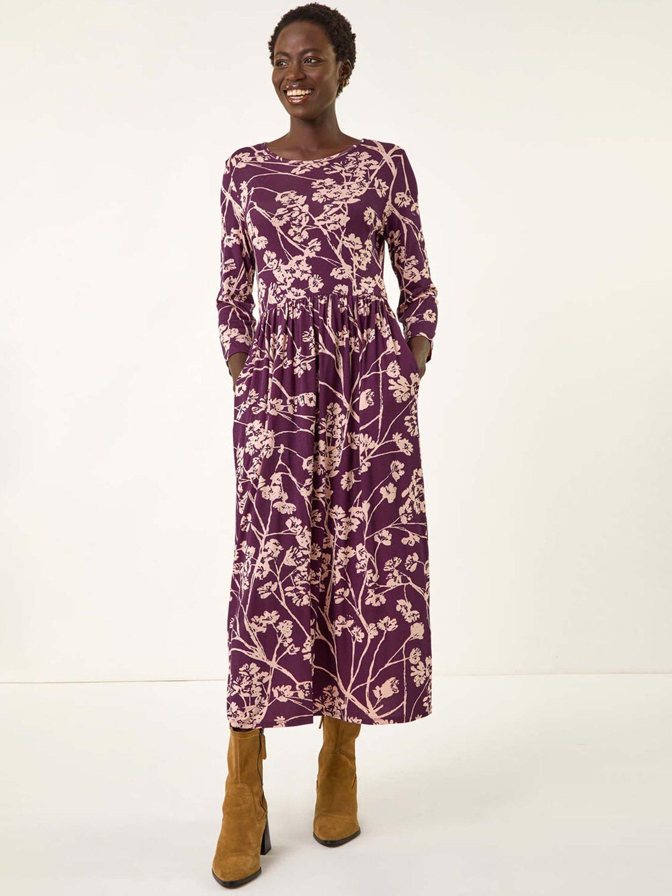 Roman Shadow Floral Stretch Midi Dress - Purple