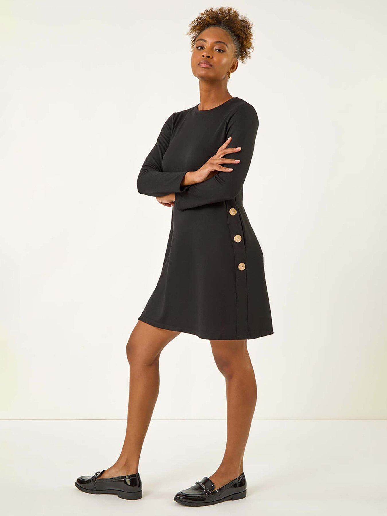 Roman Side Button Detail Swing Dress - Black