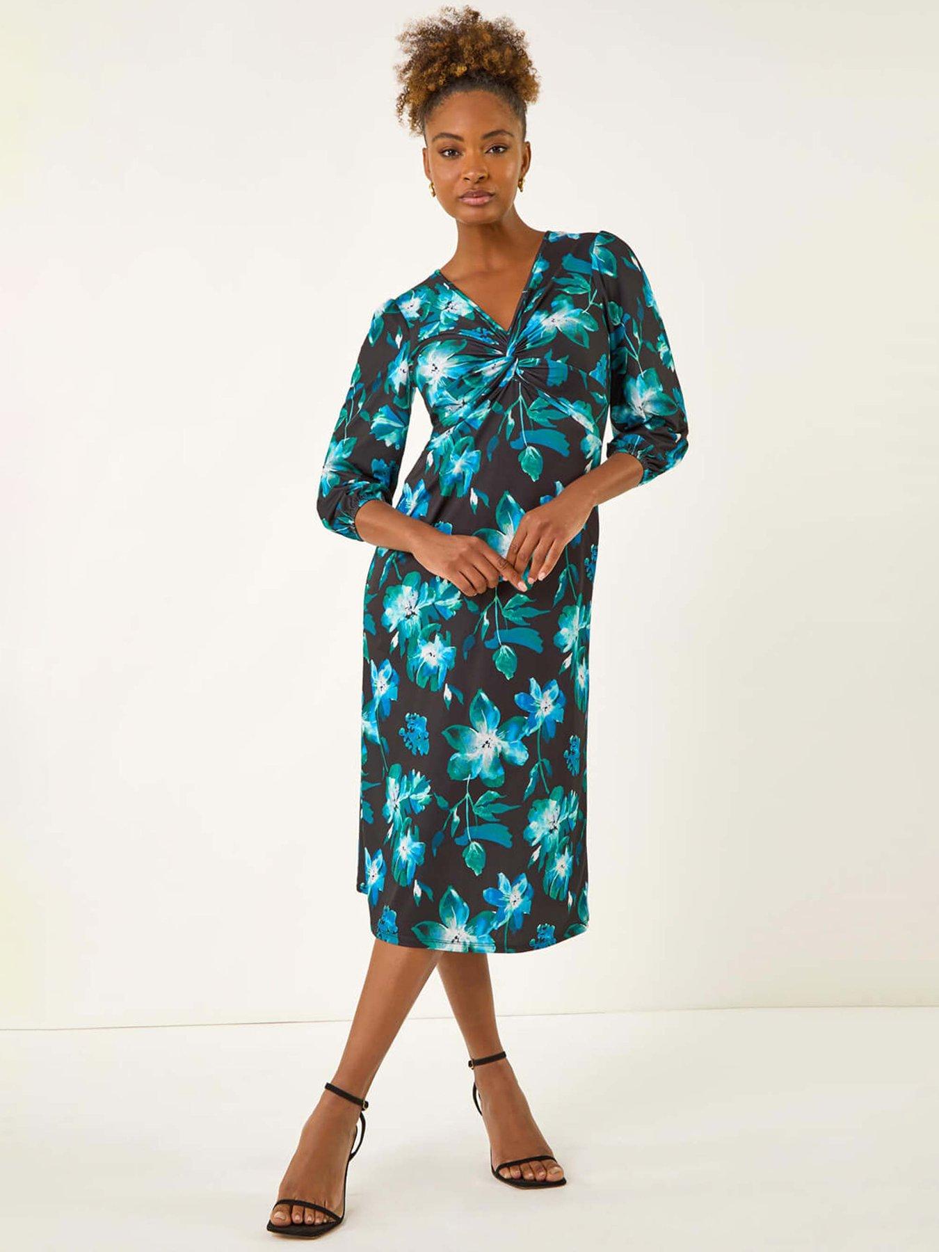Roman Floral Twist Front Midi Dress - Blue