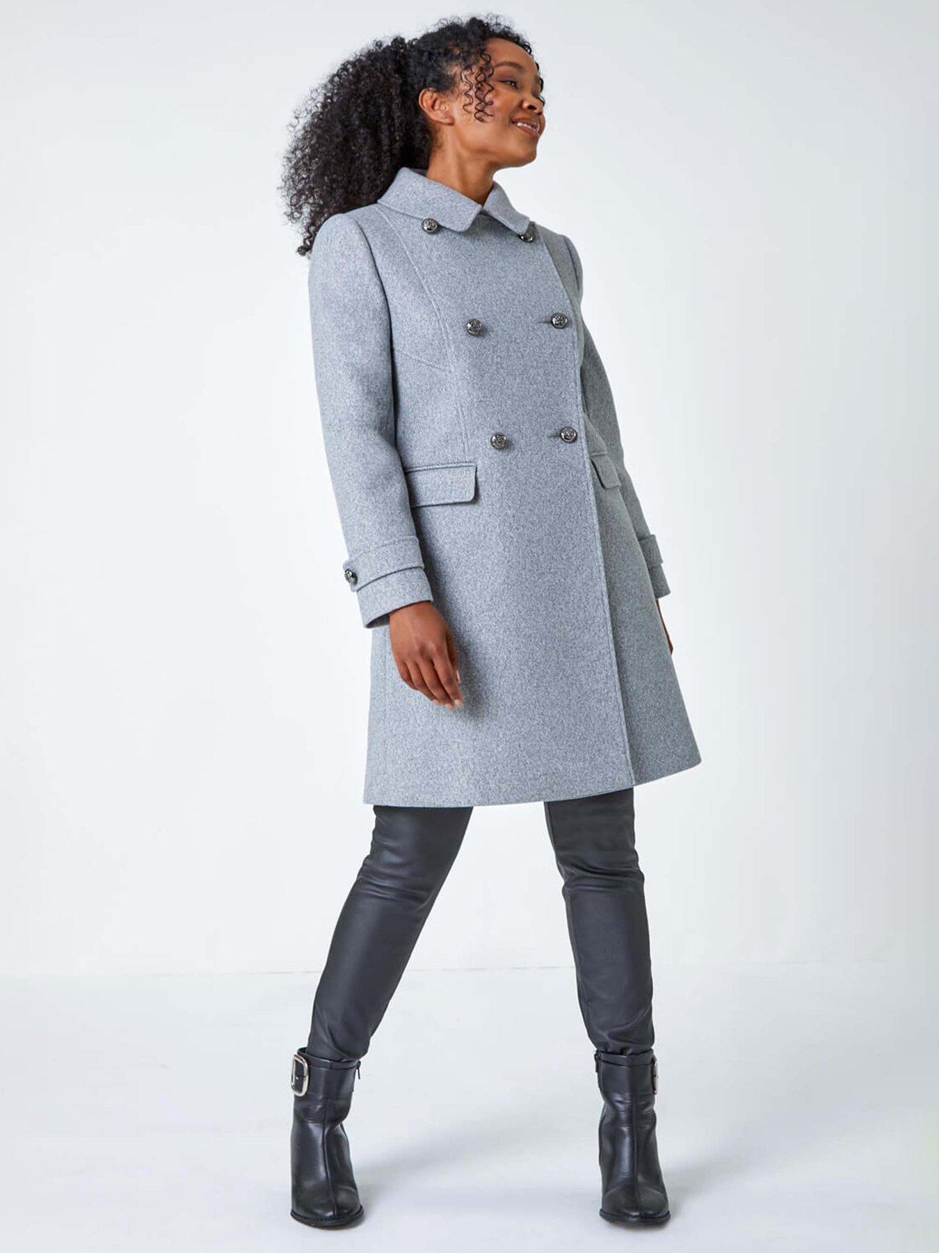 Roman Petite Double Breasted Military Coat, Grey, Size 12, Women
