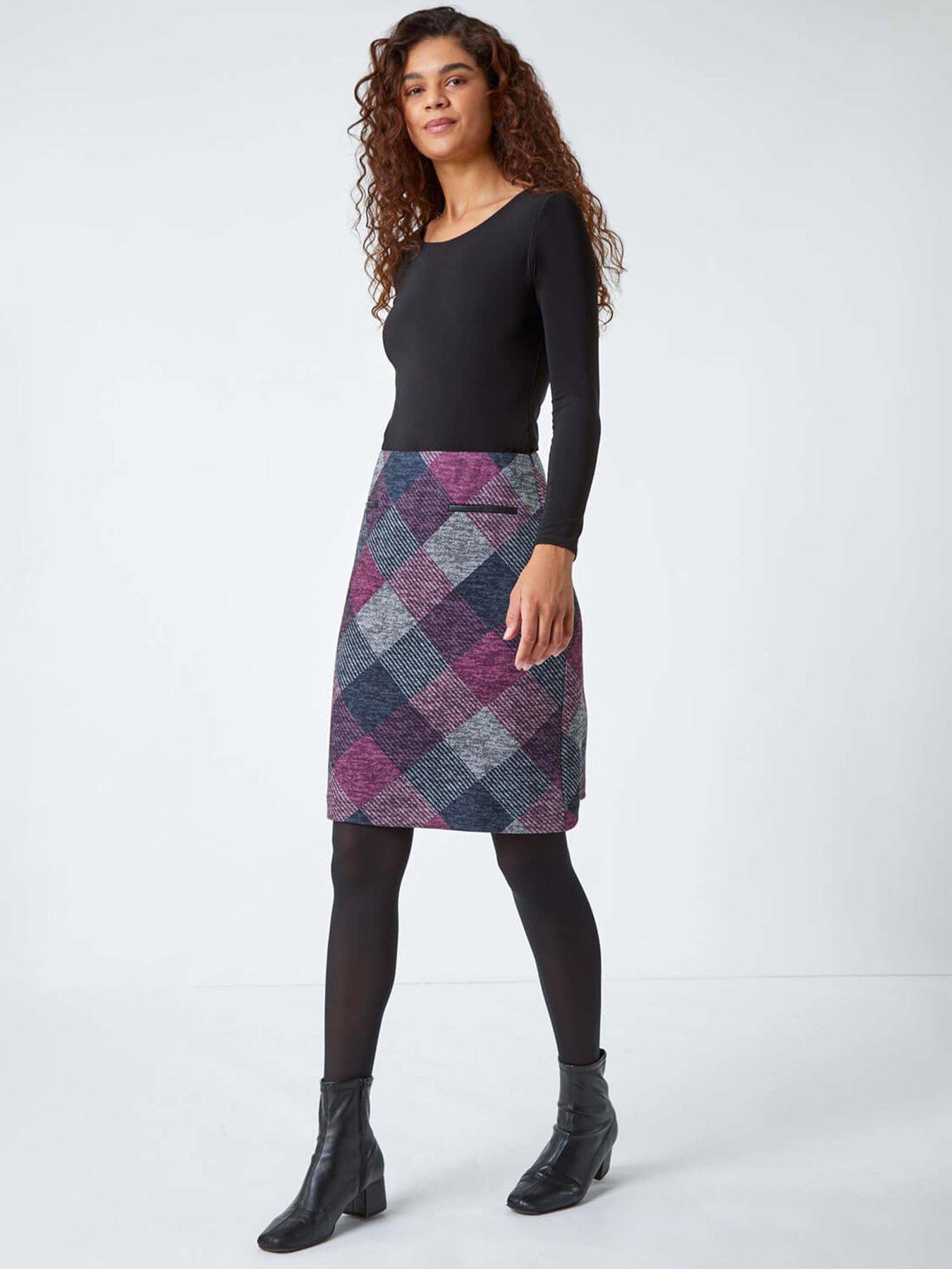 Roman Elastic Waist Check Print Pocket A Line Skirt - Pink