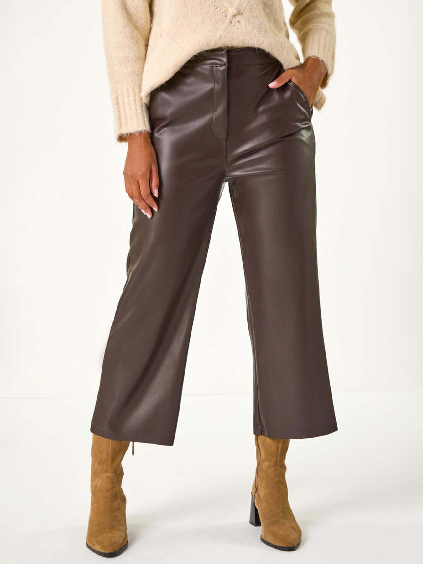 Roman Women's Chocolate Faux Leather Wide Leg Crop Trousers In | Size: 16 - Image 3