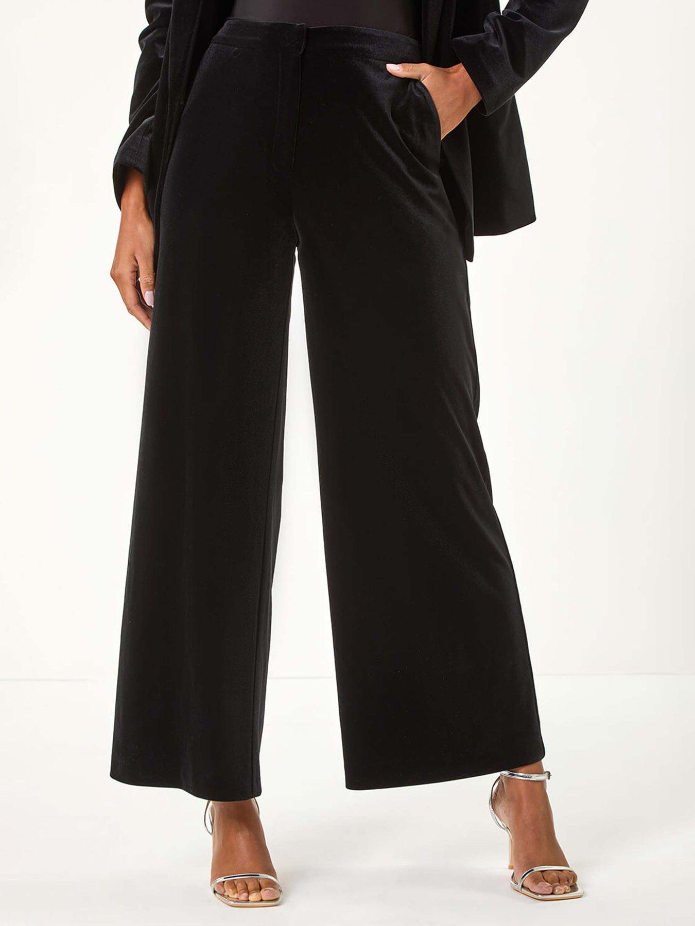 Roman Velvet Wide Leg Pocket Stretch Trouser - Black