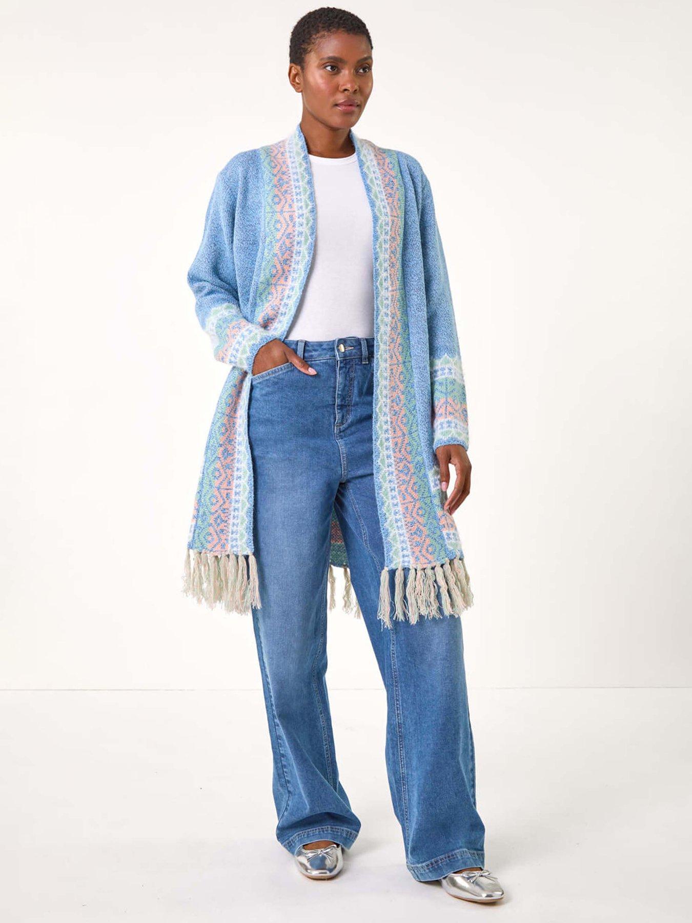 Roman Patterened Fringe Cardigan - Light Blue