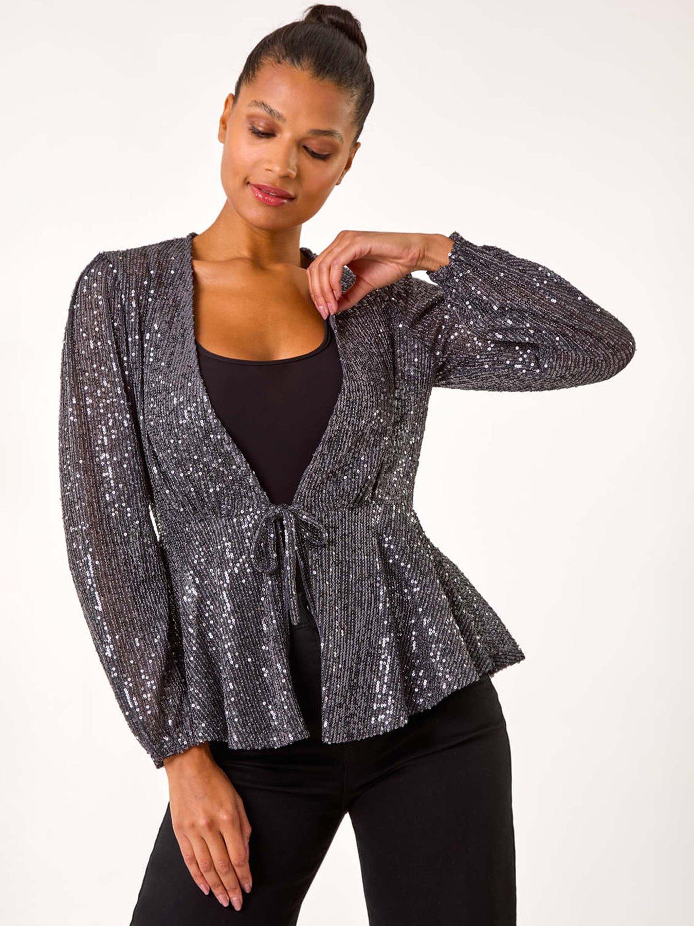 Roman Sequin Tie Front Stretch Top - Grey