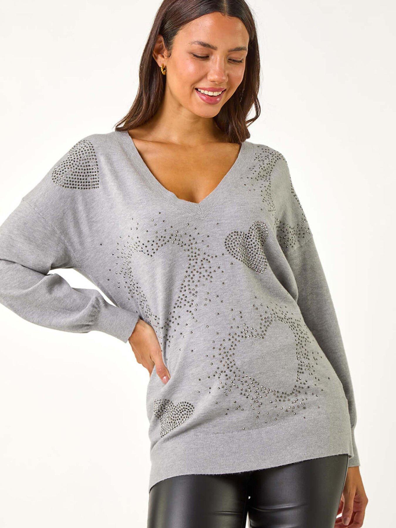 Roman V-neck Heart Hotfix Detail Jumper - Light Grey