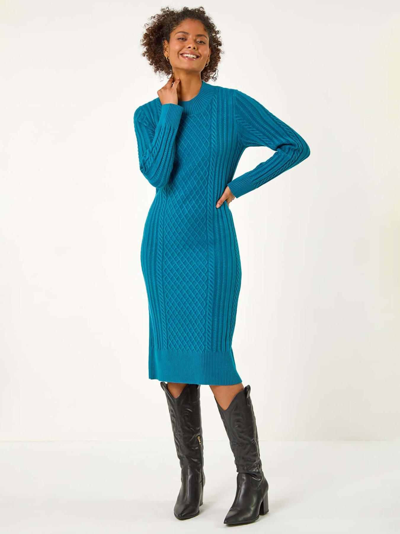 Roman Dusk Cable Knit Midi Jumper Dress - Teal | Very
