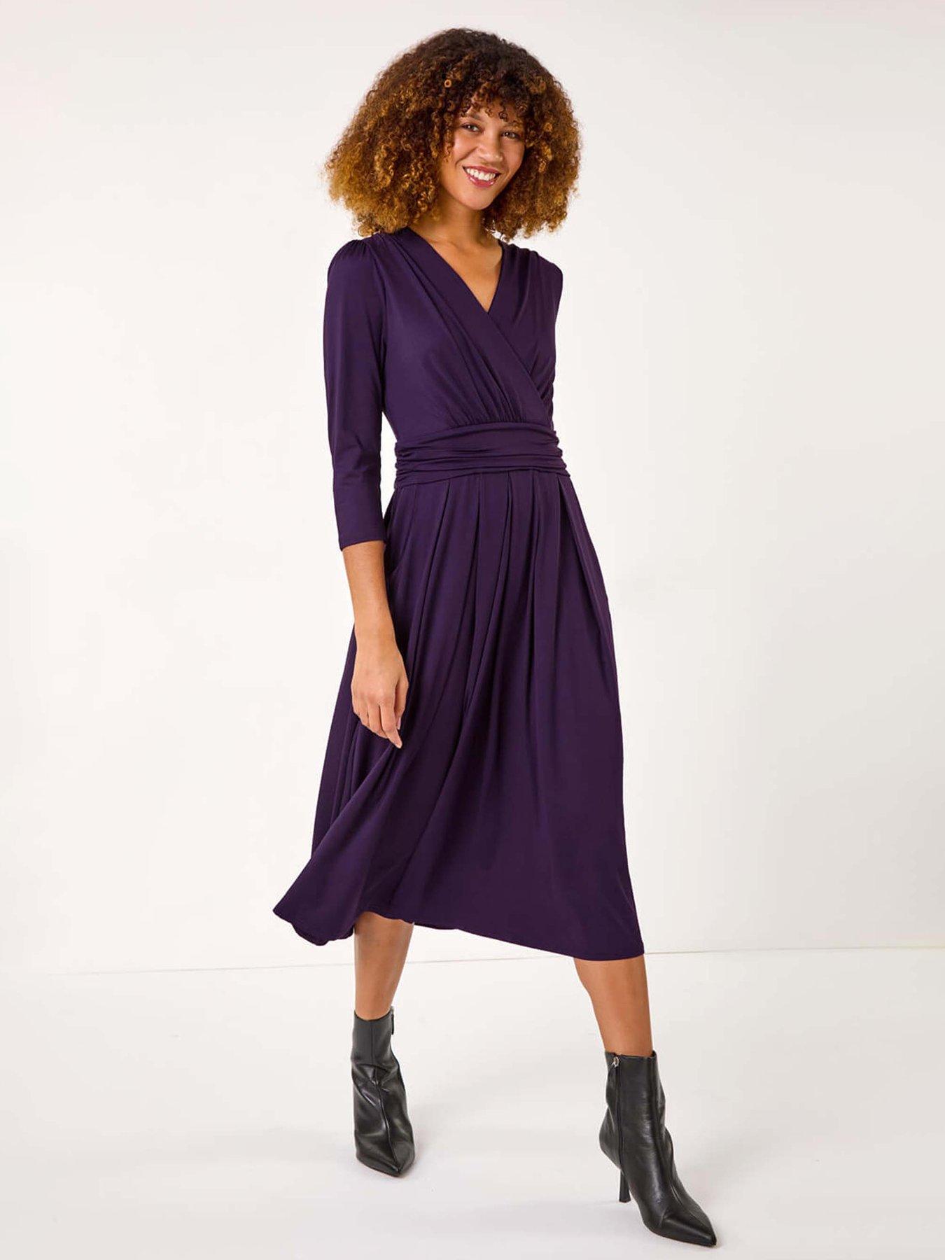Roman Mock Wrap V-neck Stretch Midi Dress, Purple, Size 14, Women