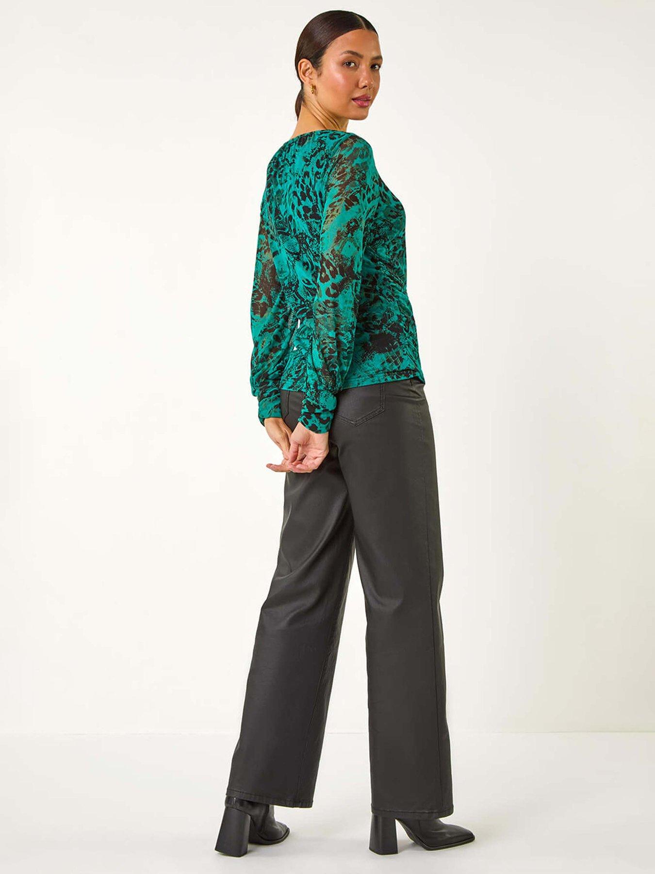 Image 2 of 5 of Roman Mesh Print Detail Stretch Top - Green