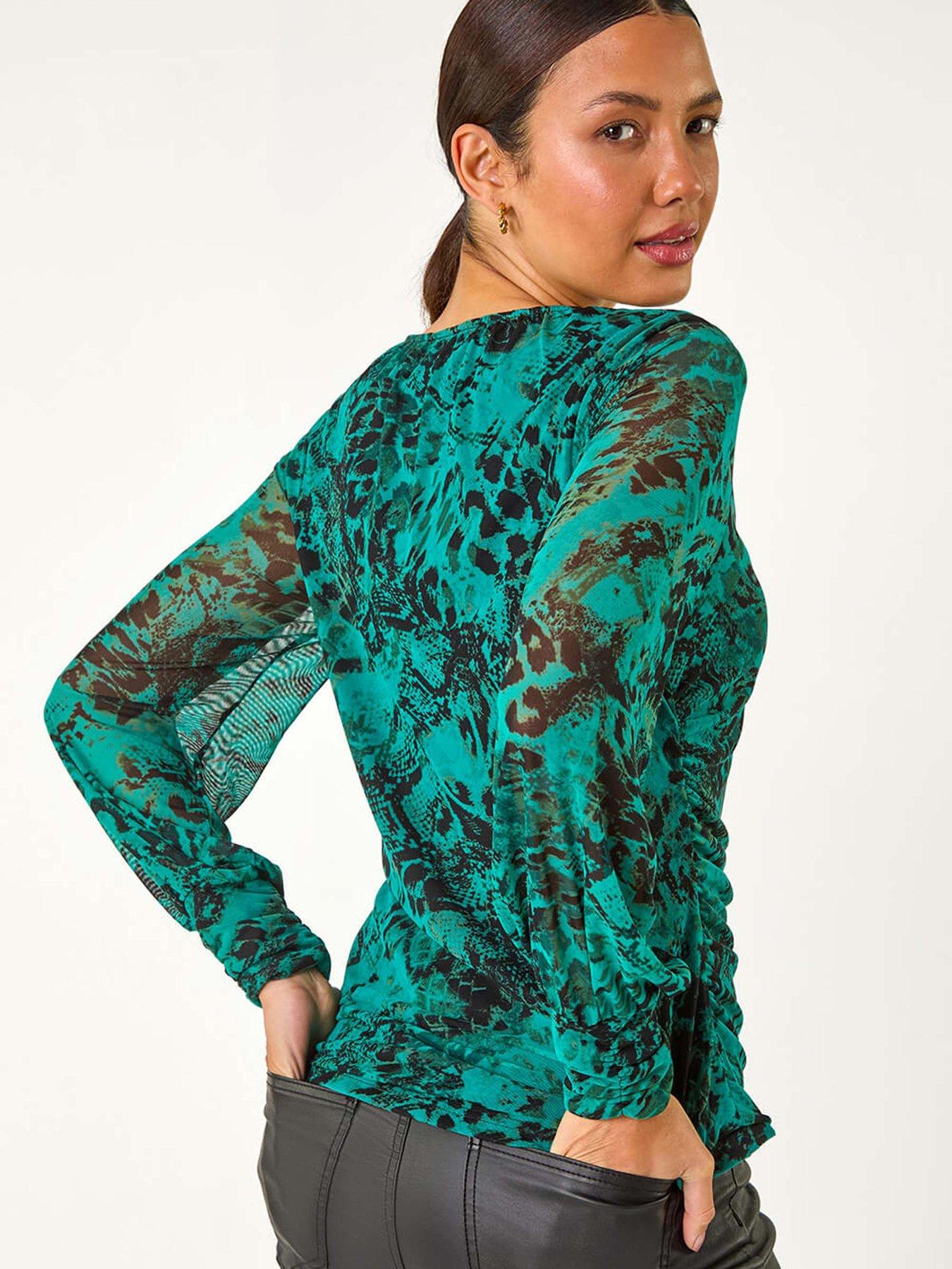 Image 4 of 5 of Roman Mesh Print Detail Stretch Top - Green