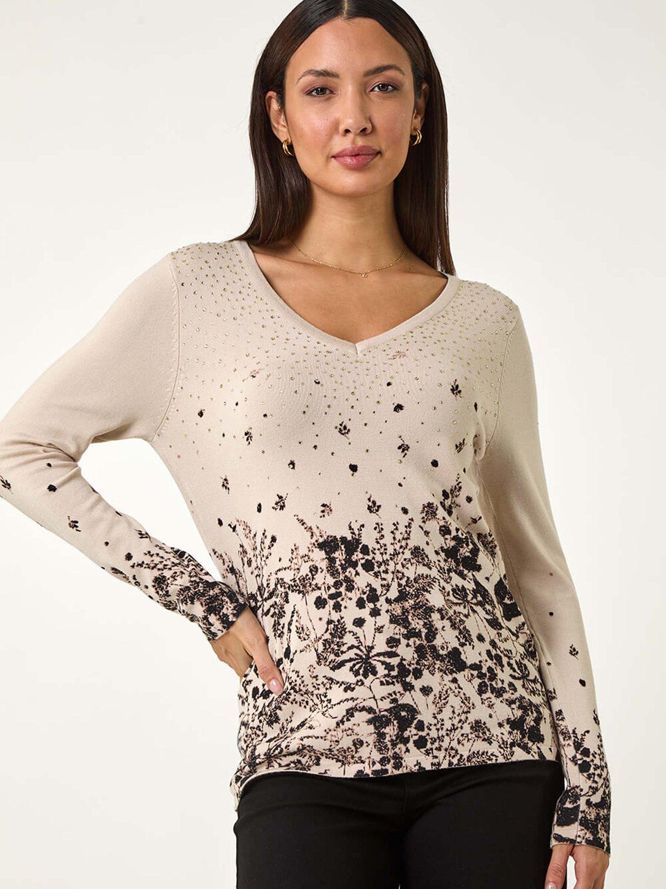 Roman Floral Hotfix V-neck Knit Jumper, Beige, Size 10, Women