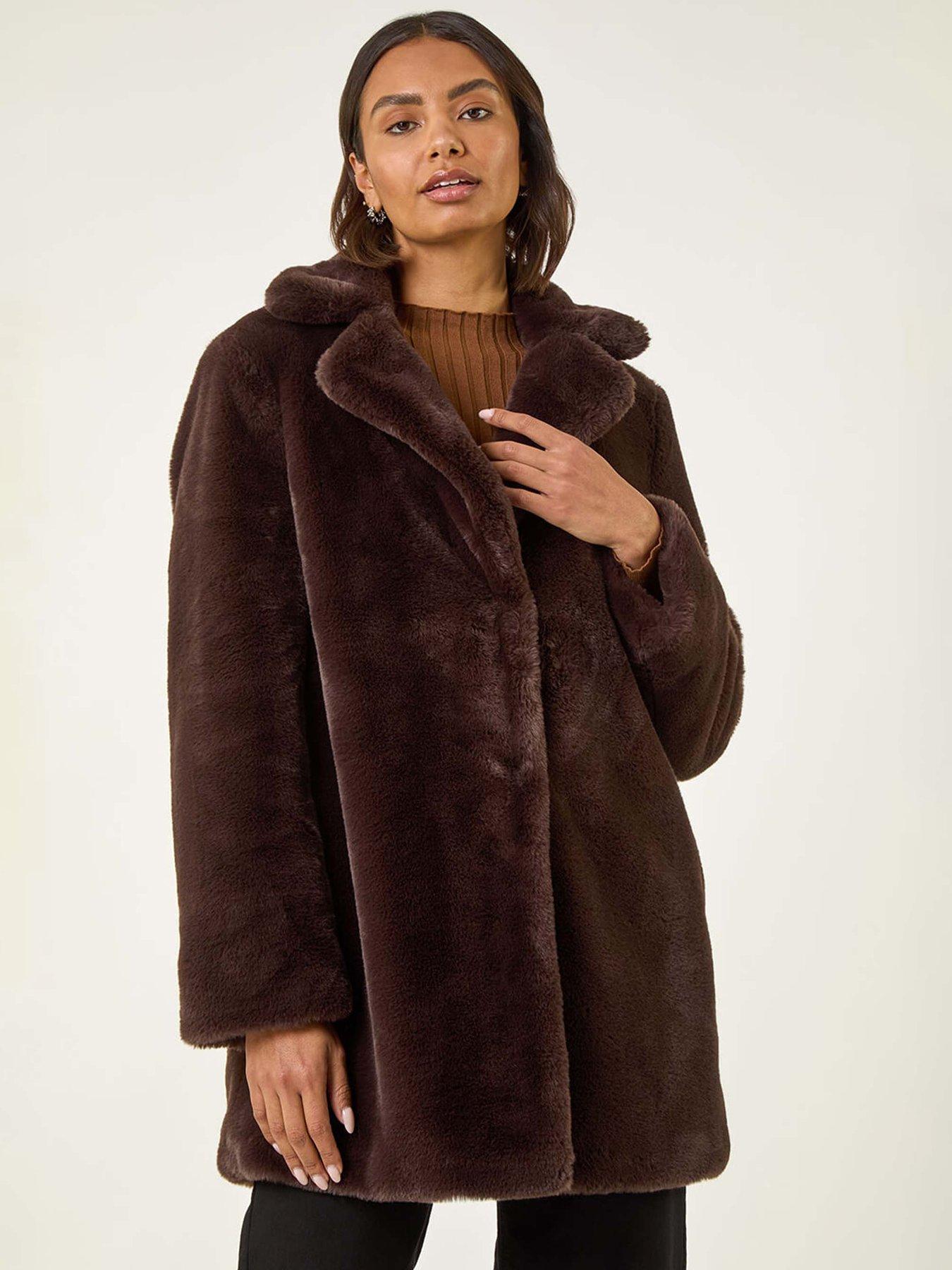 Roman Faux Fur Longline Coat - Chocolate