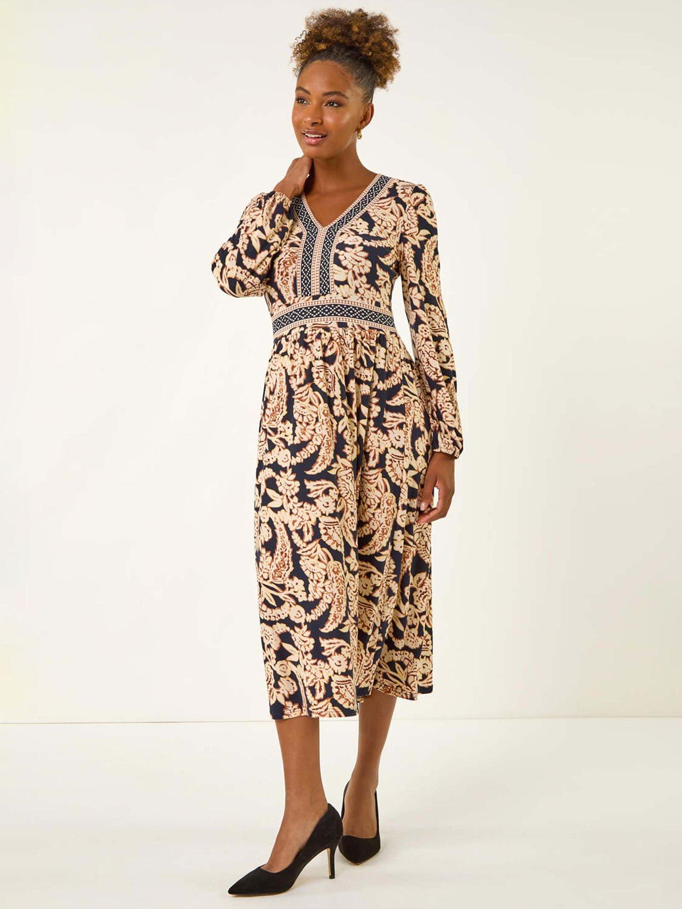 Roman Floral Border Print Midi Dress - Tan