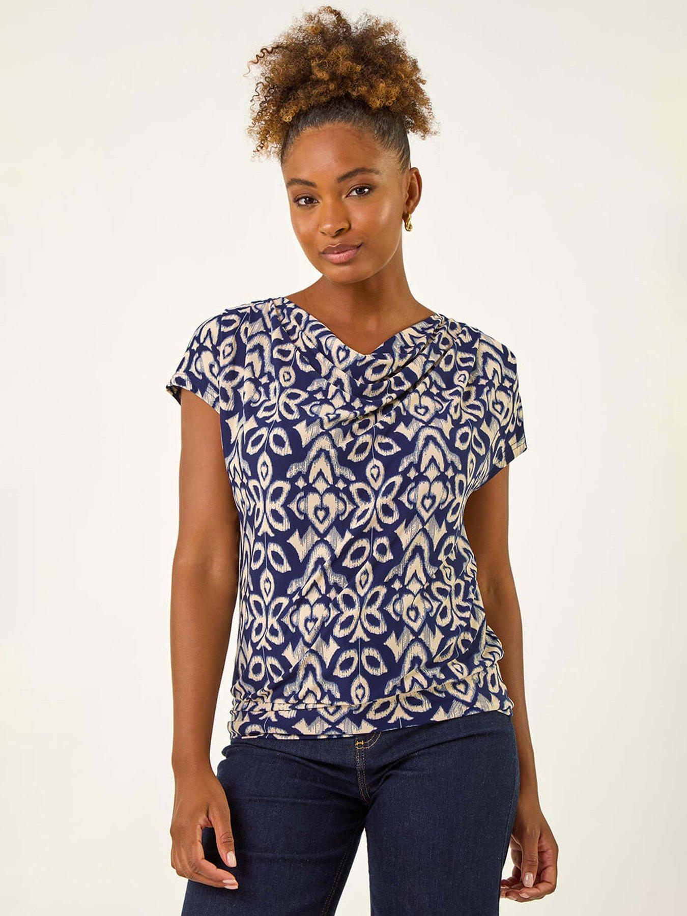 Roman Geo Print Cowl Neck Stretch Top - Navy