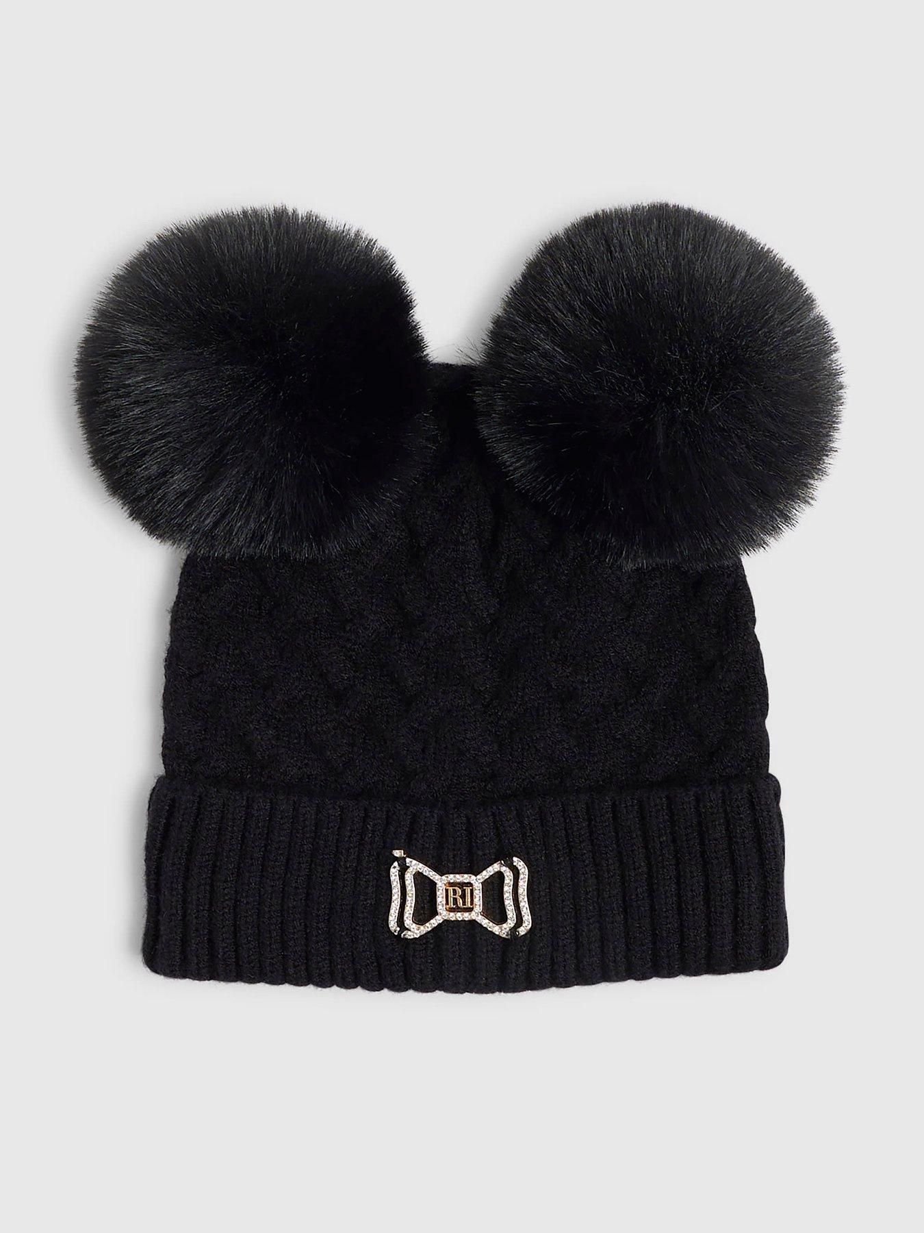 River Island Mini Mini Girls Double Pom Beanie - Black