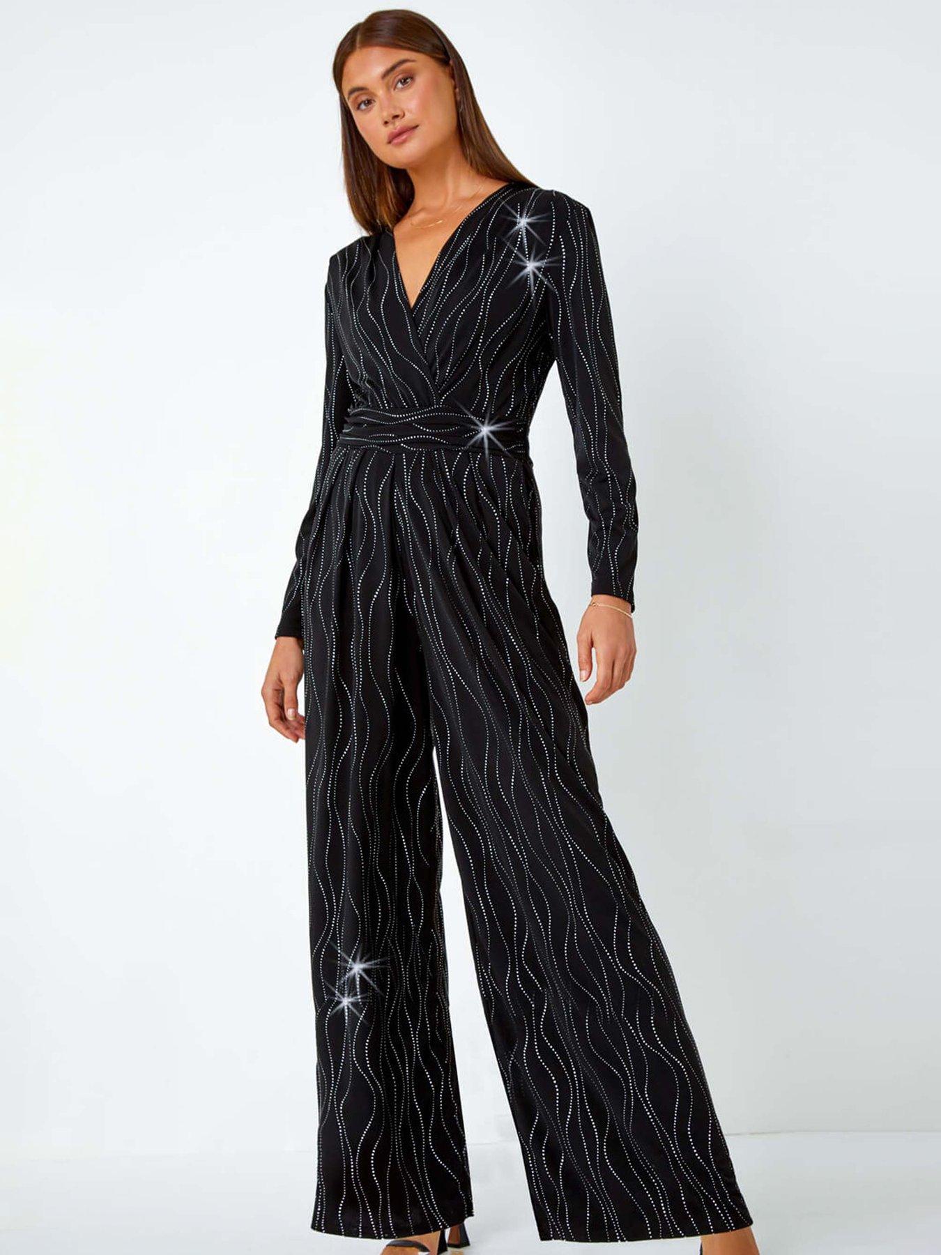 Roman Embellished Wide Leg Stretch Jumpsuit  - Black