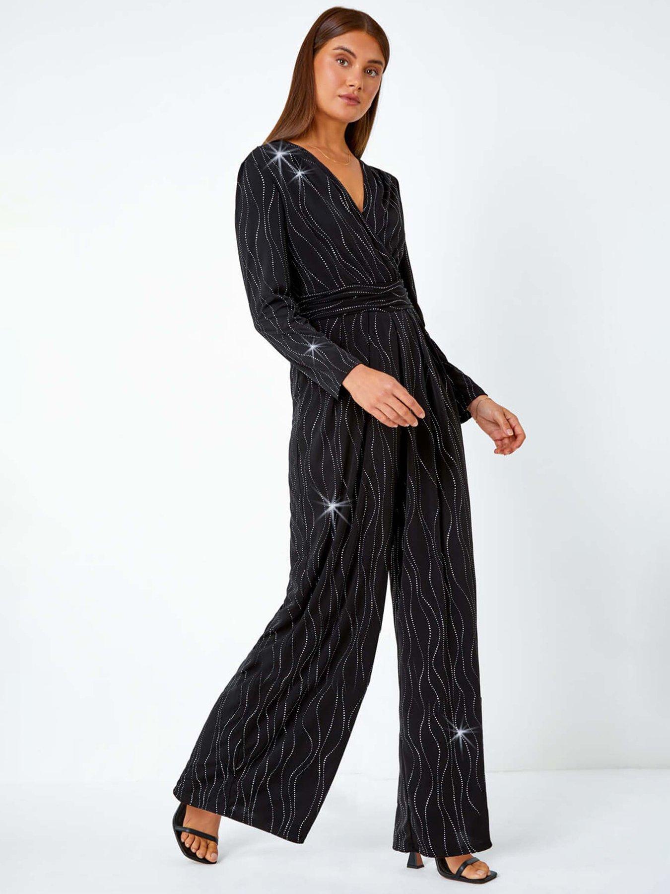 Roman Embellished Wide Leg Stretch Jumpsuit - Black | Very