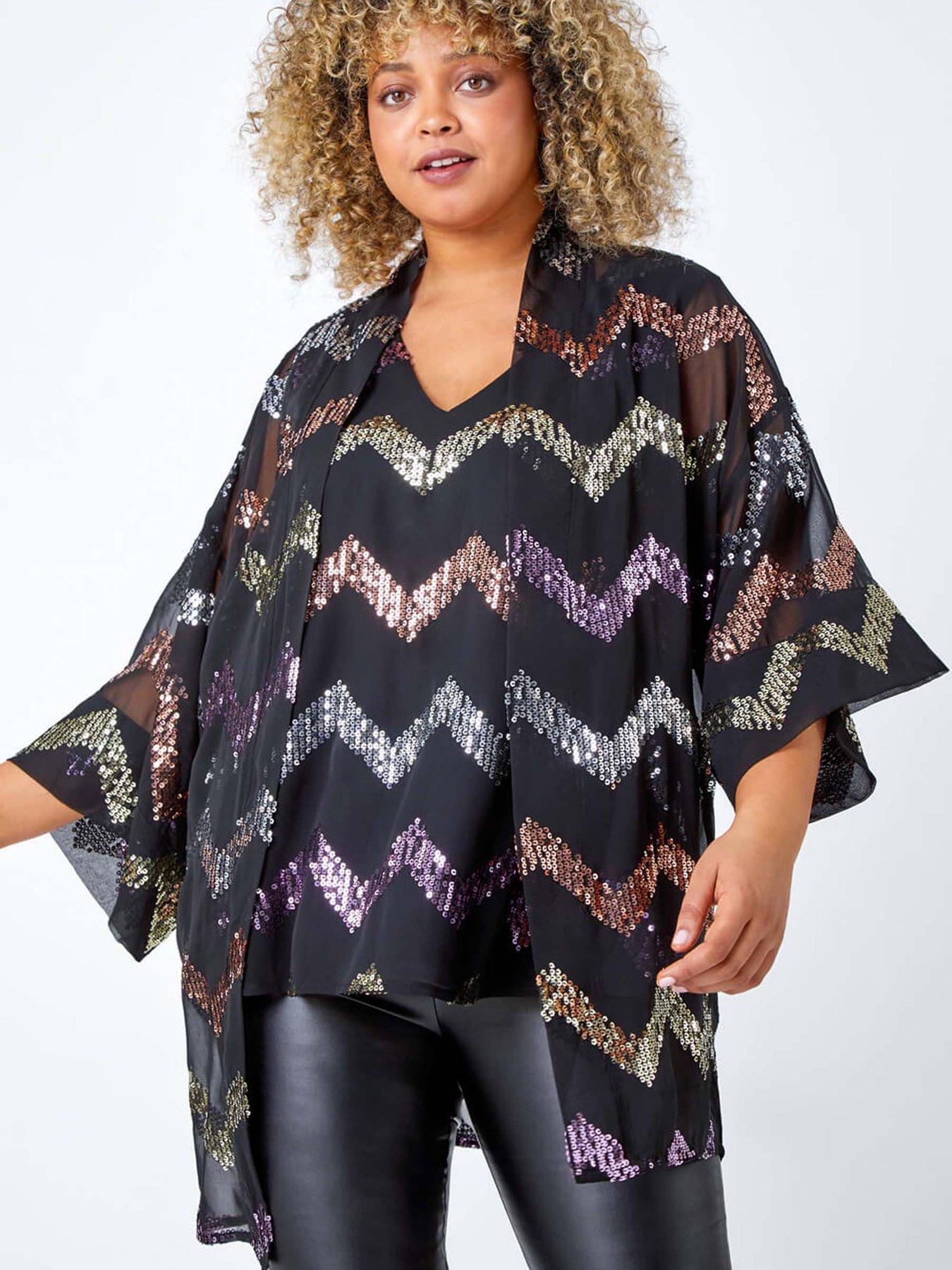 Roman Curve 3/4 Sleeve Sequin Zig Zag Kimono - Black
