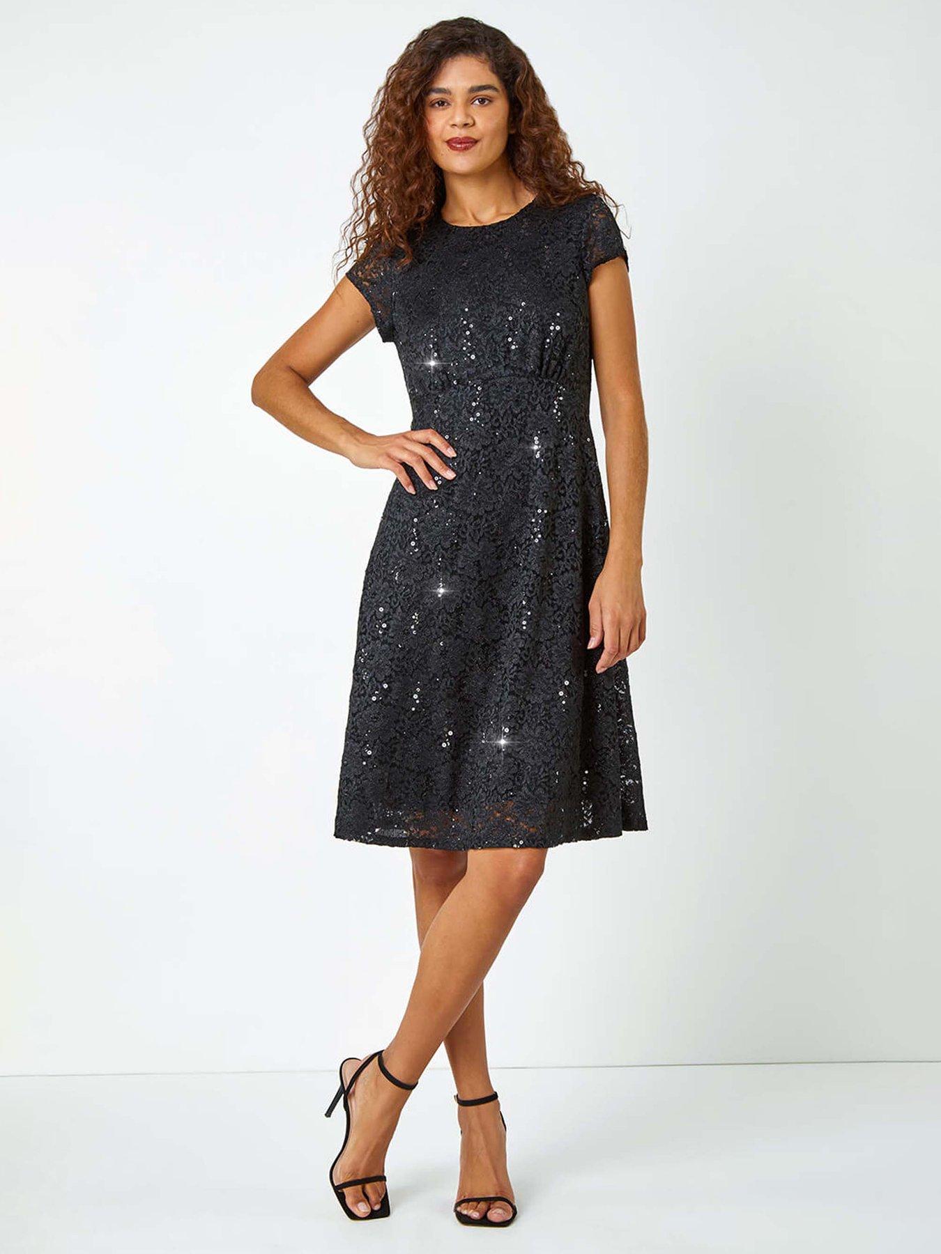 Roman Sequin Fluted Hem Lace Stretch Dress - Black