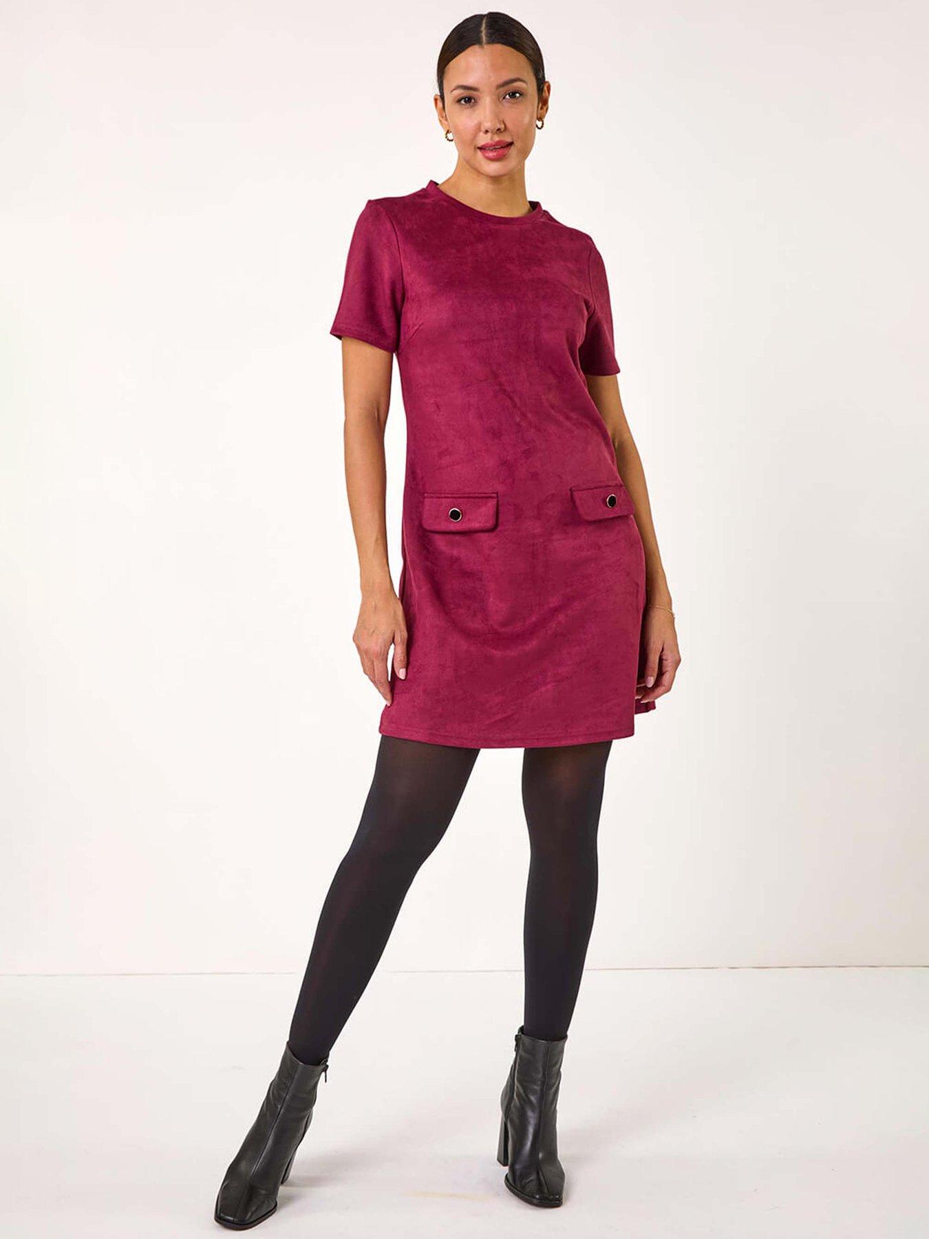 Roman Suedette Button Shift Stretch Dress - Wine