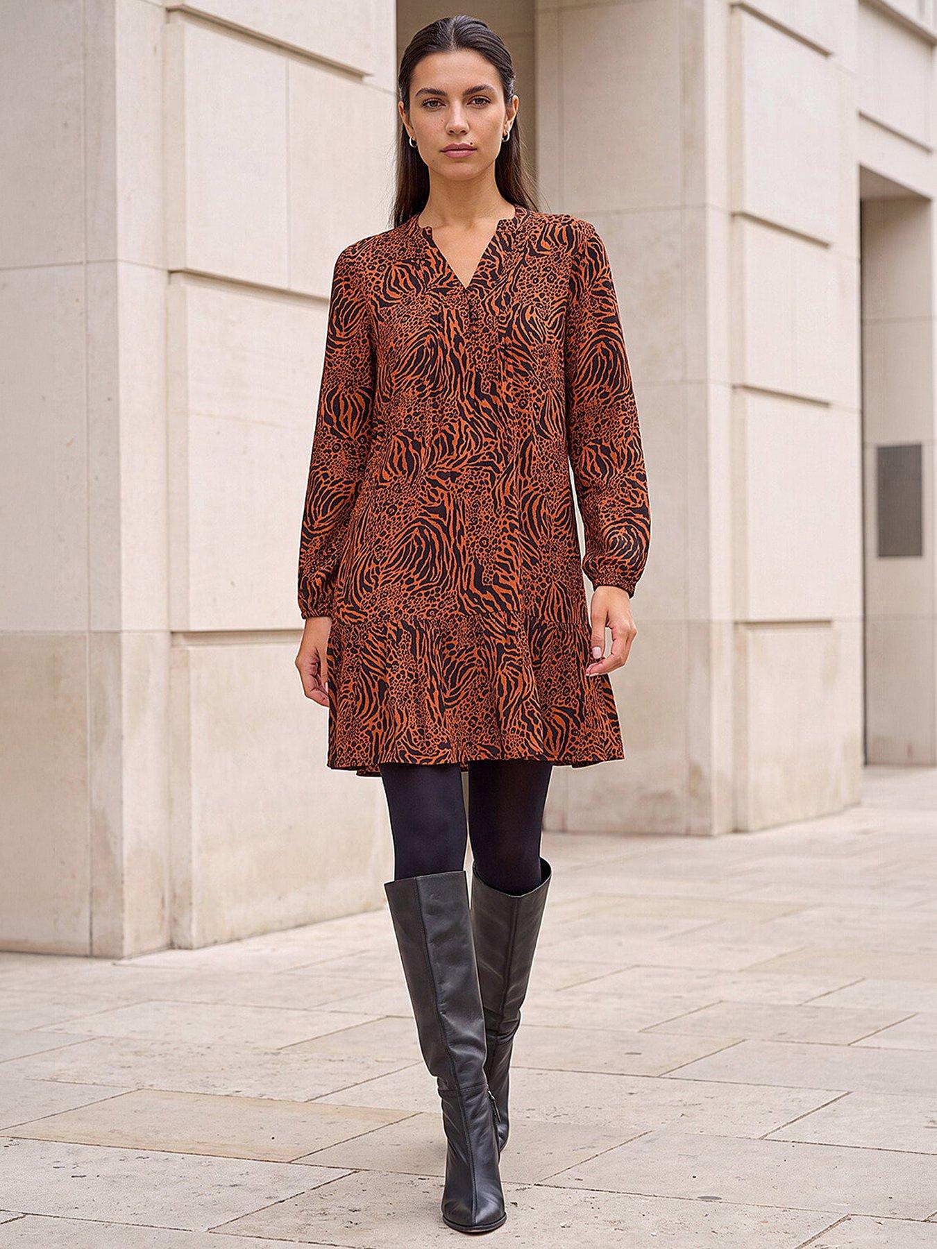 Roman Animal Print Pintuck Smock Dress, Orange, Size 20, Women