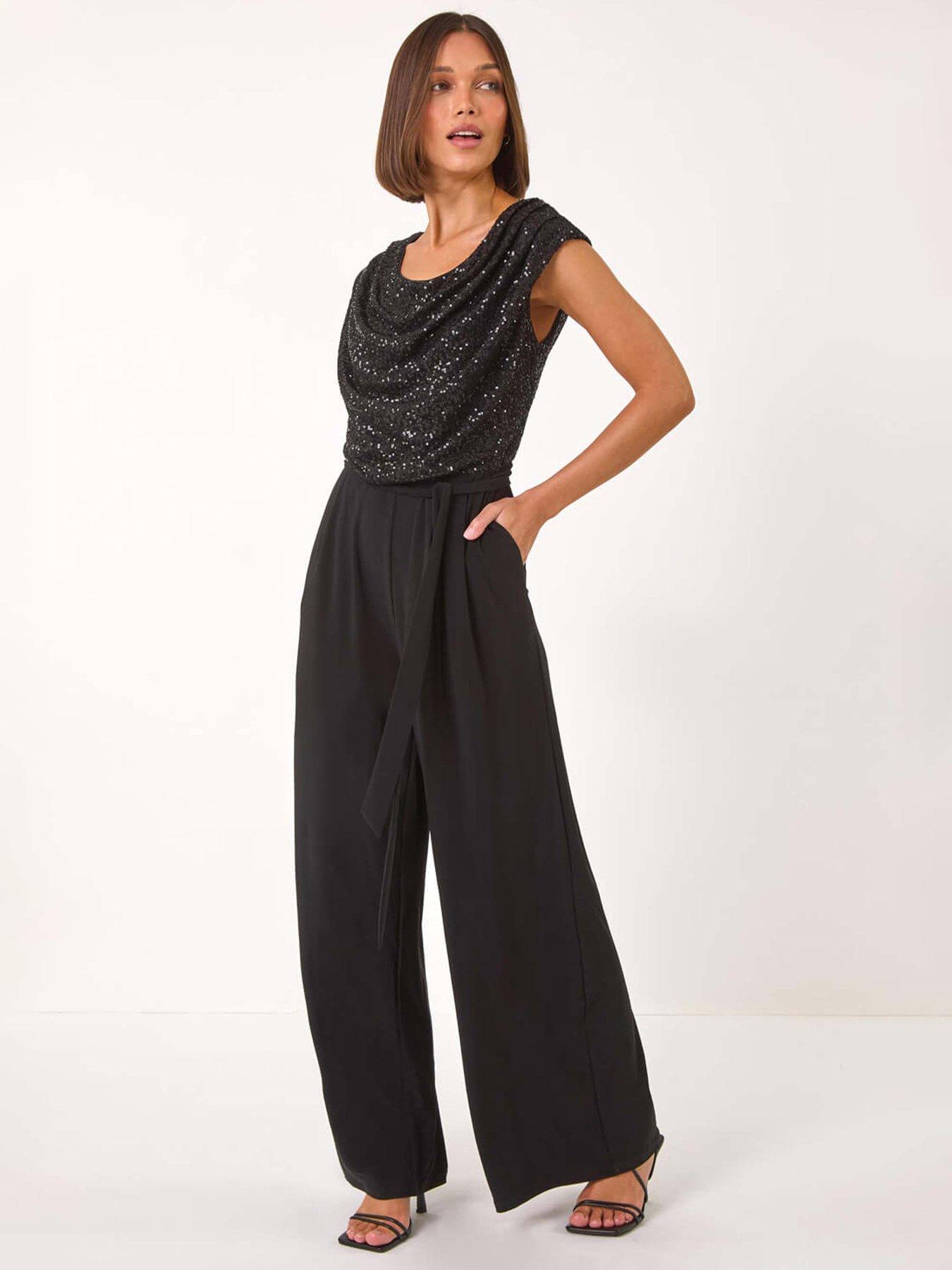 Roman Women's Black Sequin Bodice Cowl Neck Jumpsuit Size 14 - Image 2