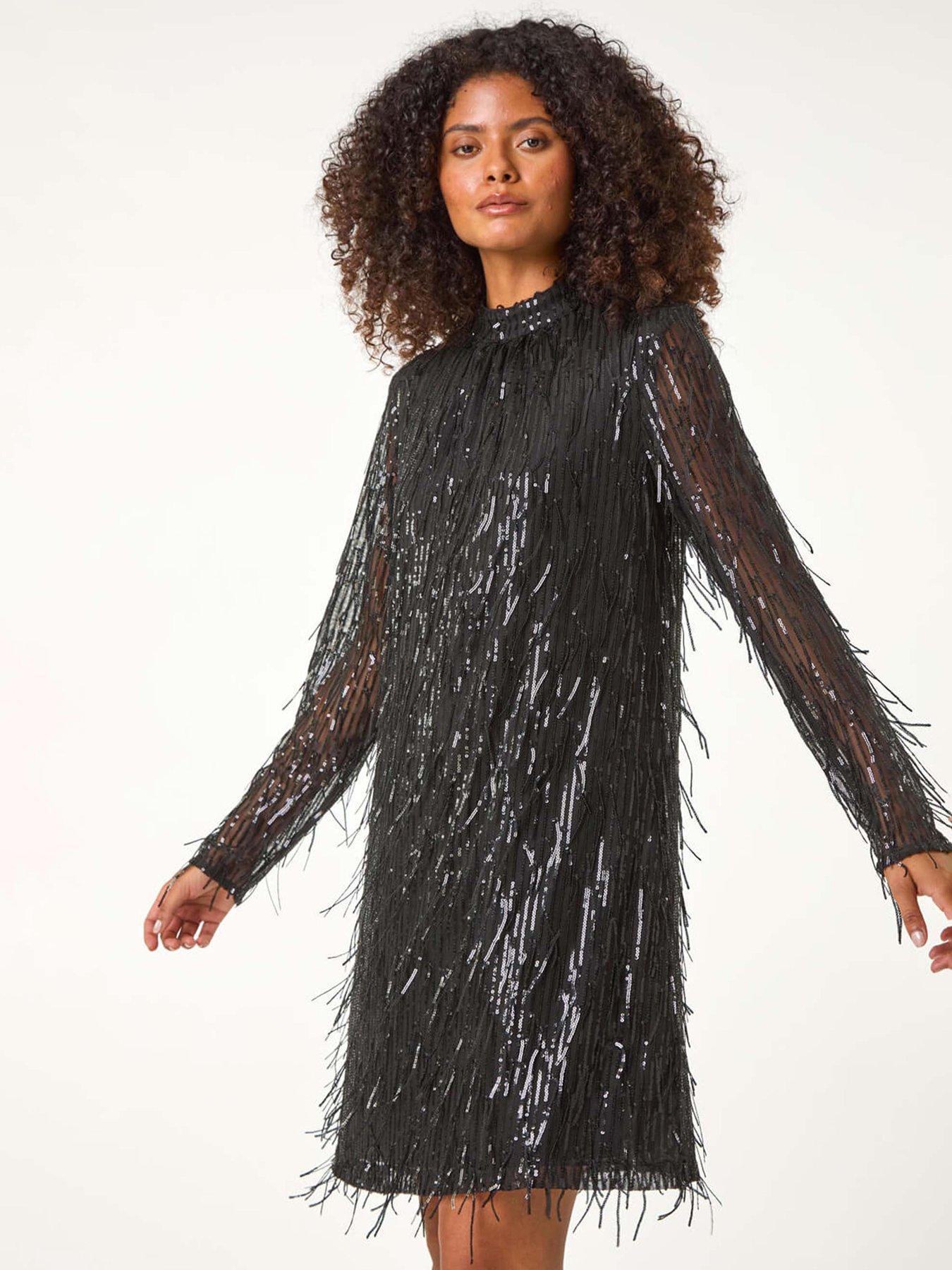 Image 1 of 5 of Roman Dusk All Over Fringe Shift Dress - Black