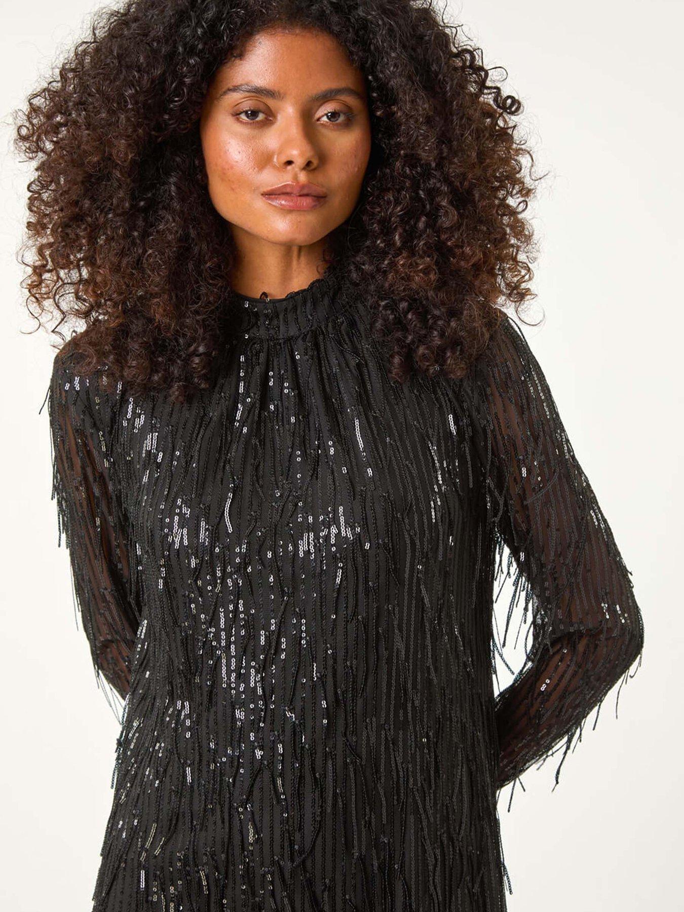 Image 4 of 5 of Roman Dusk All Over Fringe Shift Dress - Black