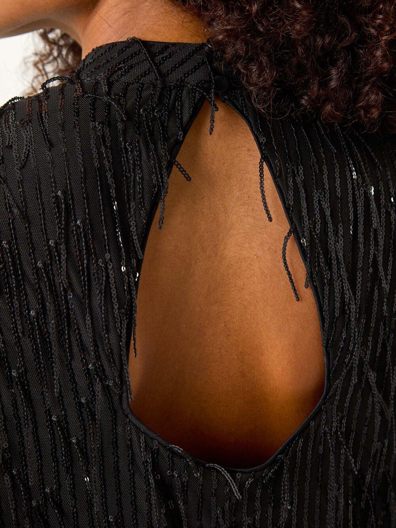 Image 5 of 5 of Roman Dusk All Over Fringe Shift Dress - Black
