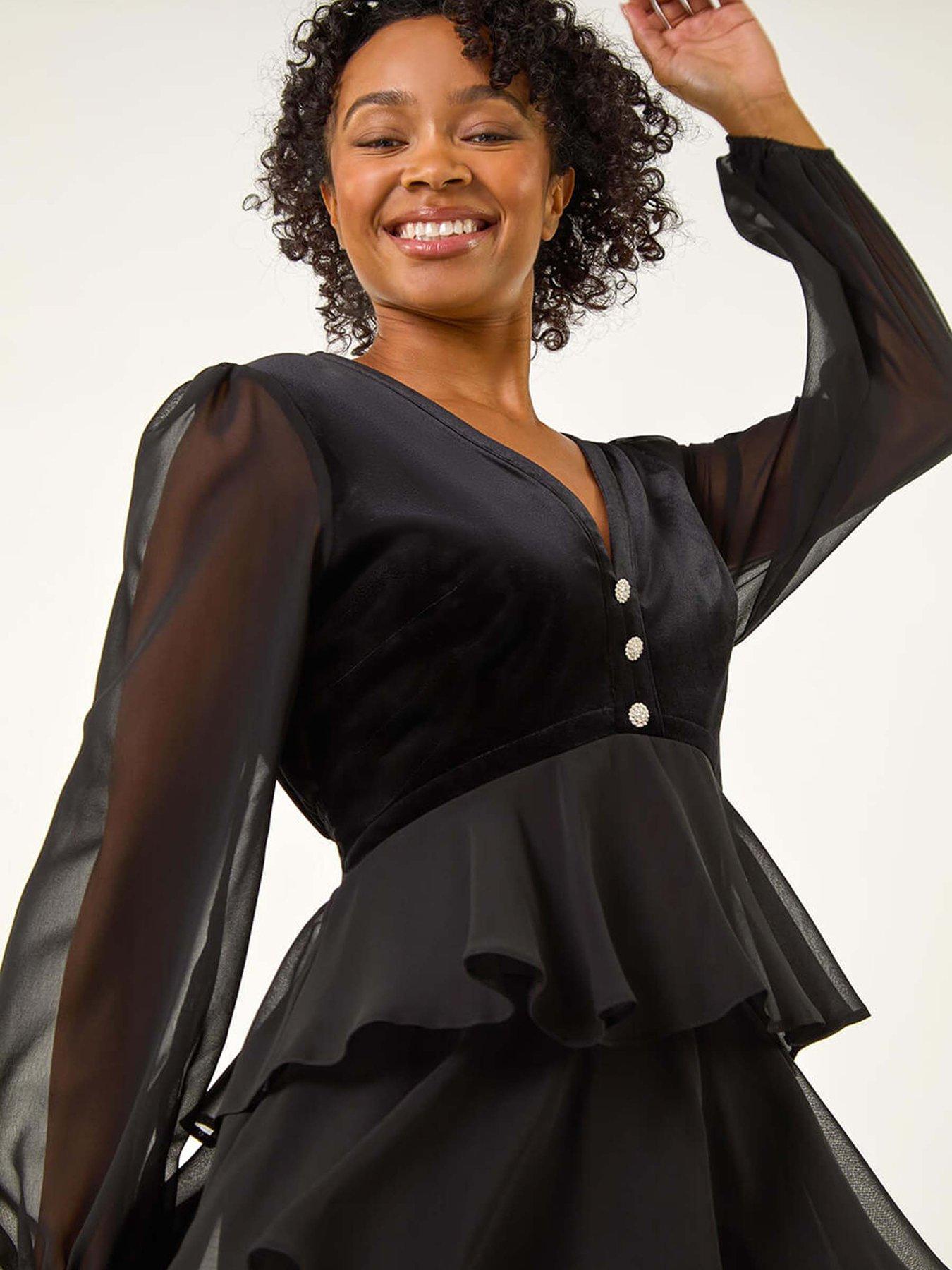 velvet tiered midi dress Black Velvet Tiered Midi Dress 1X
