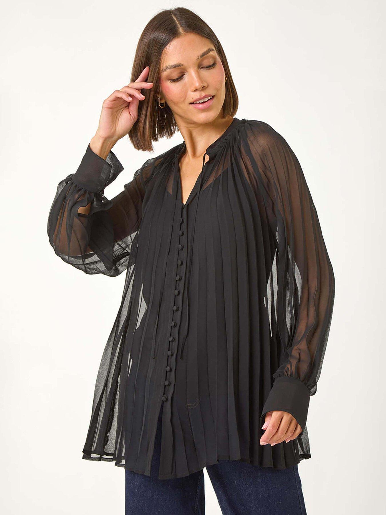 Roman V-neck Pleated Blouse - Black