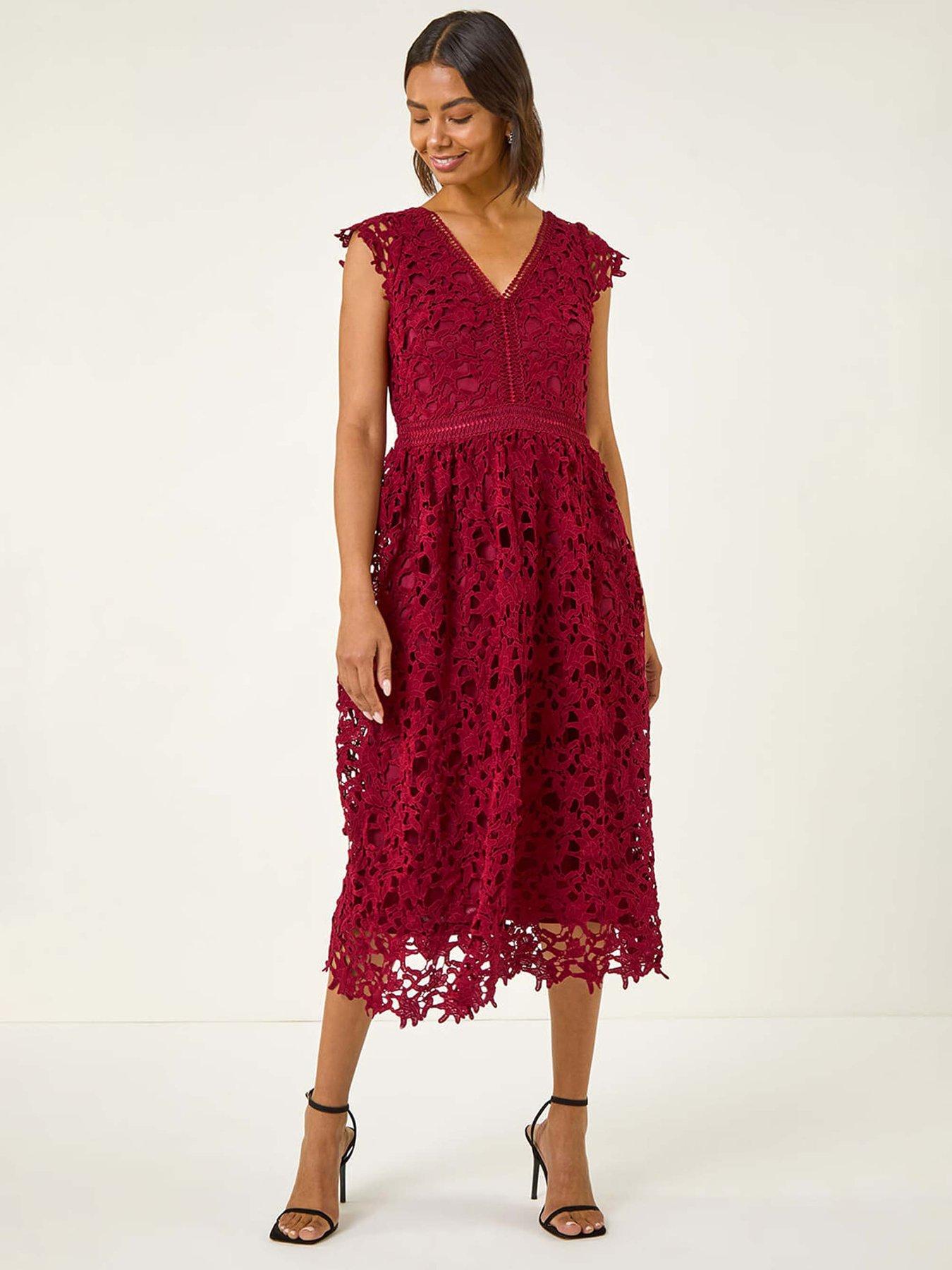 Roman Premium Crochet Lace Midi Dress - Burgundy