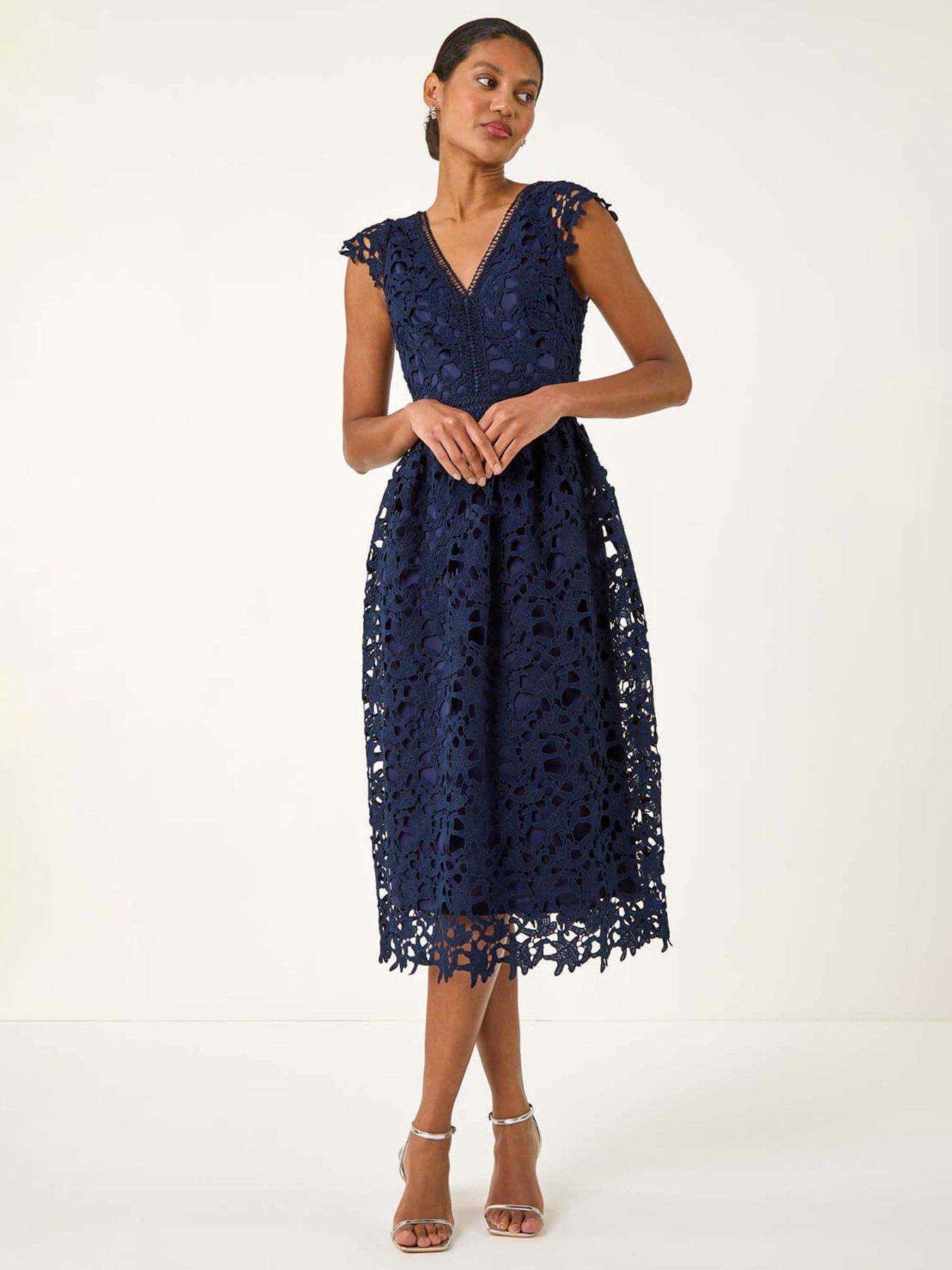 undefined Premium Crochet Lace Midi Dress - Navy