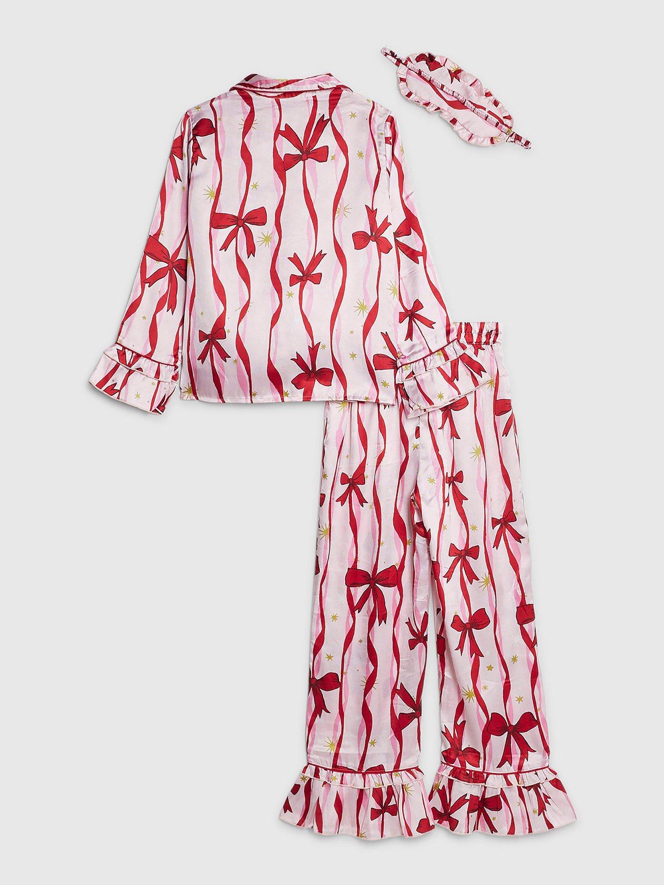 Image 2 of 5 of River Island Older Girls Bow Print Satin Pyjamas Set With Scrunchie - Light Pink