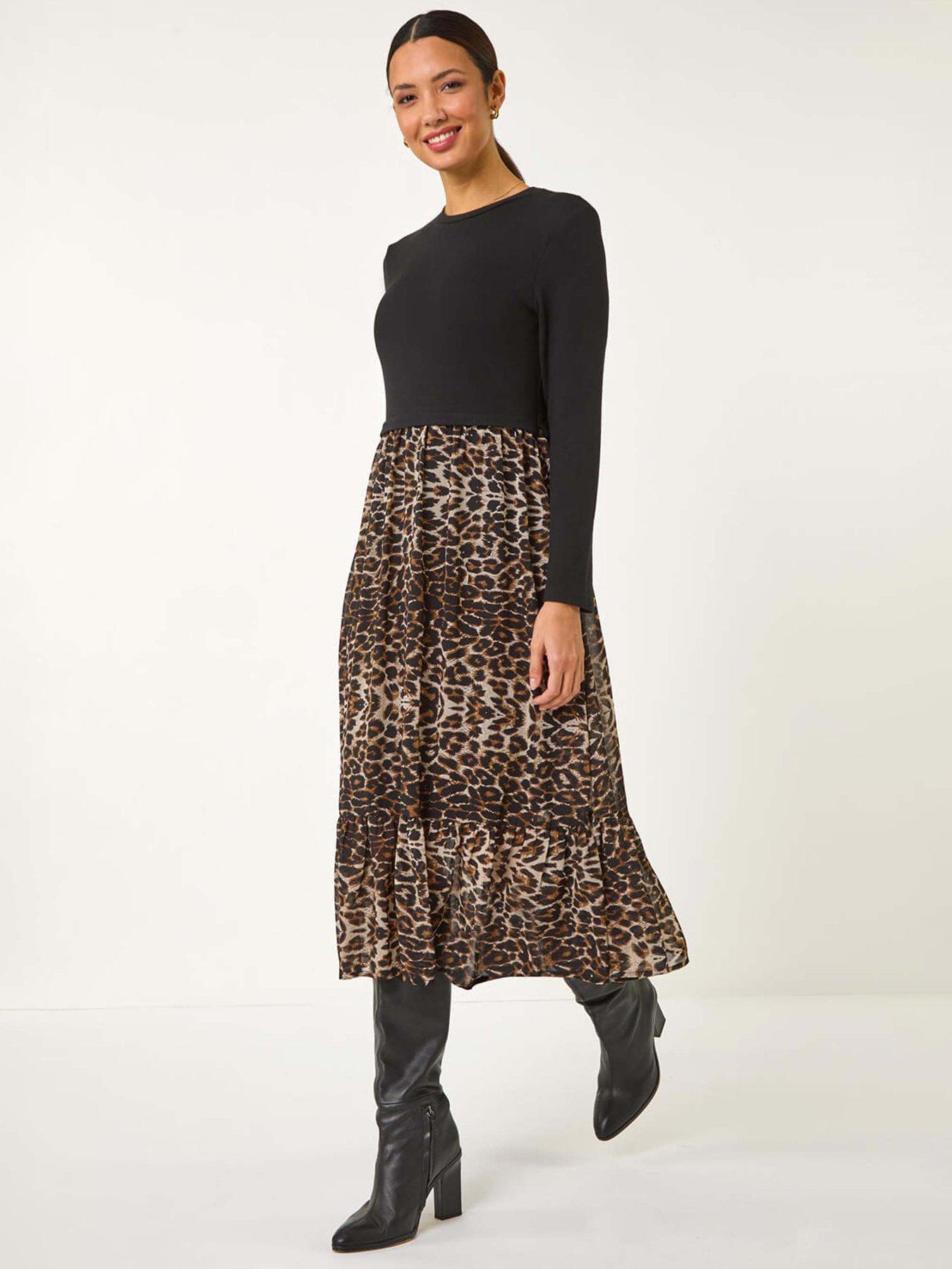 Roman 2 In 1 Animal Print Stretch Midi Dress - Beige