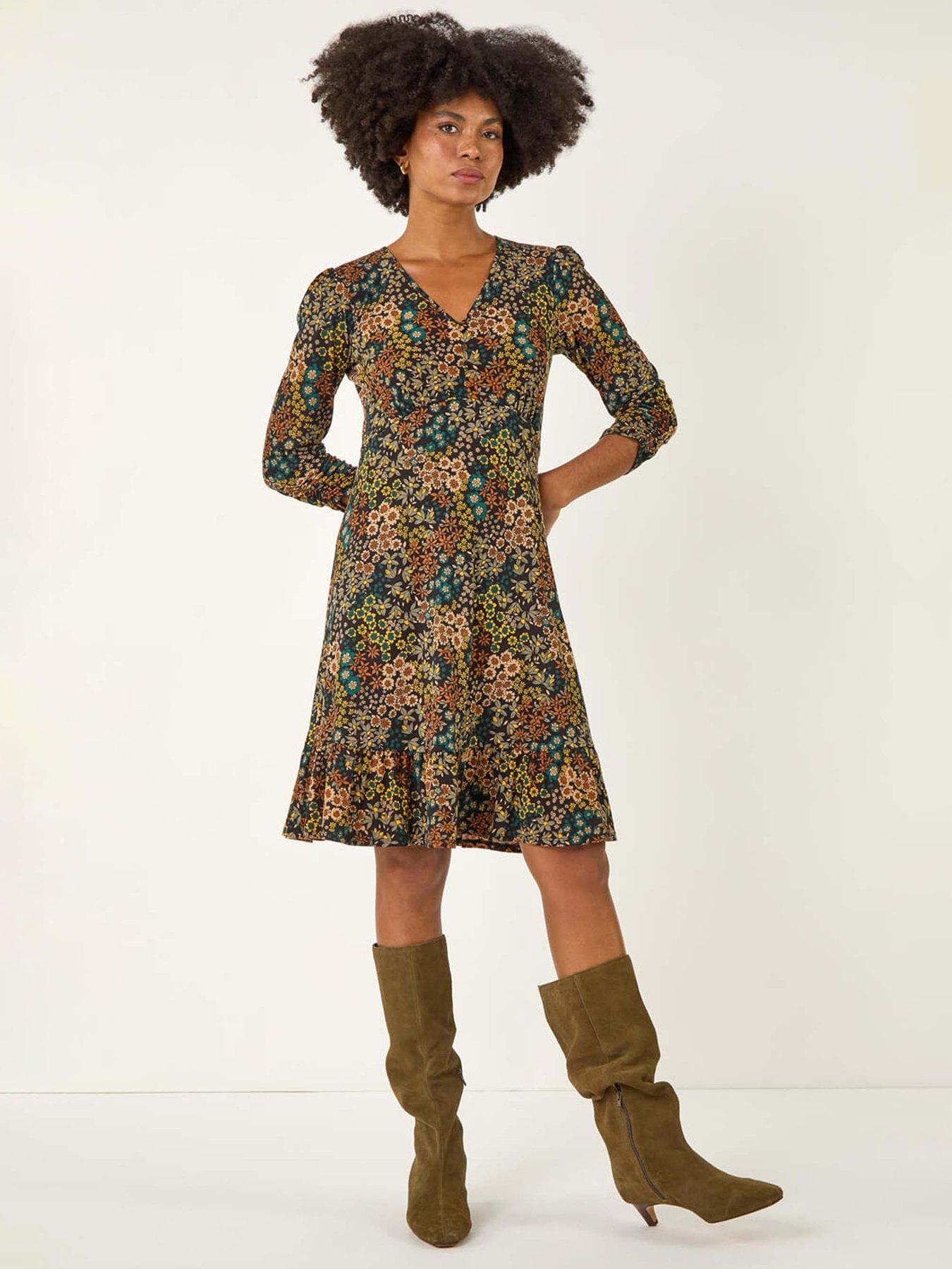 Roman Floral Print V-neck Stretch Dress - Teal