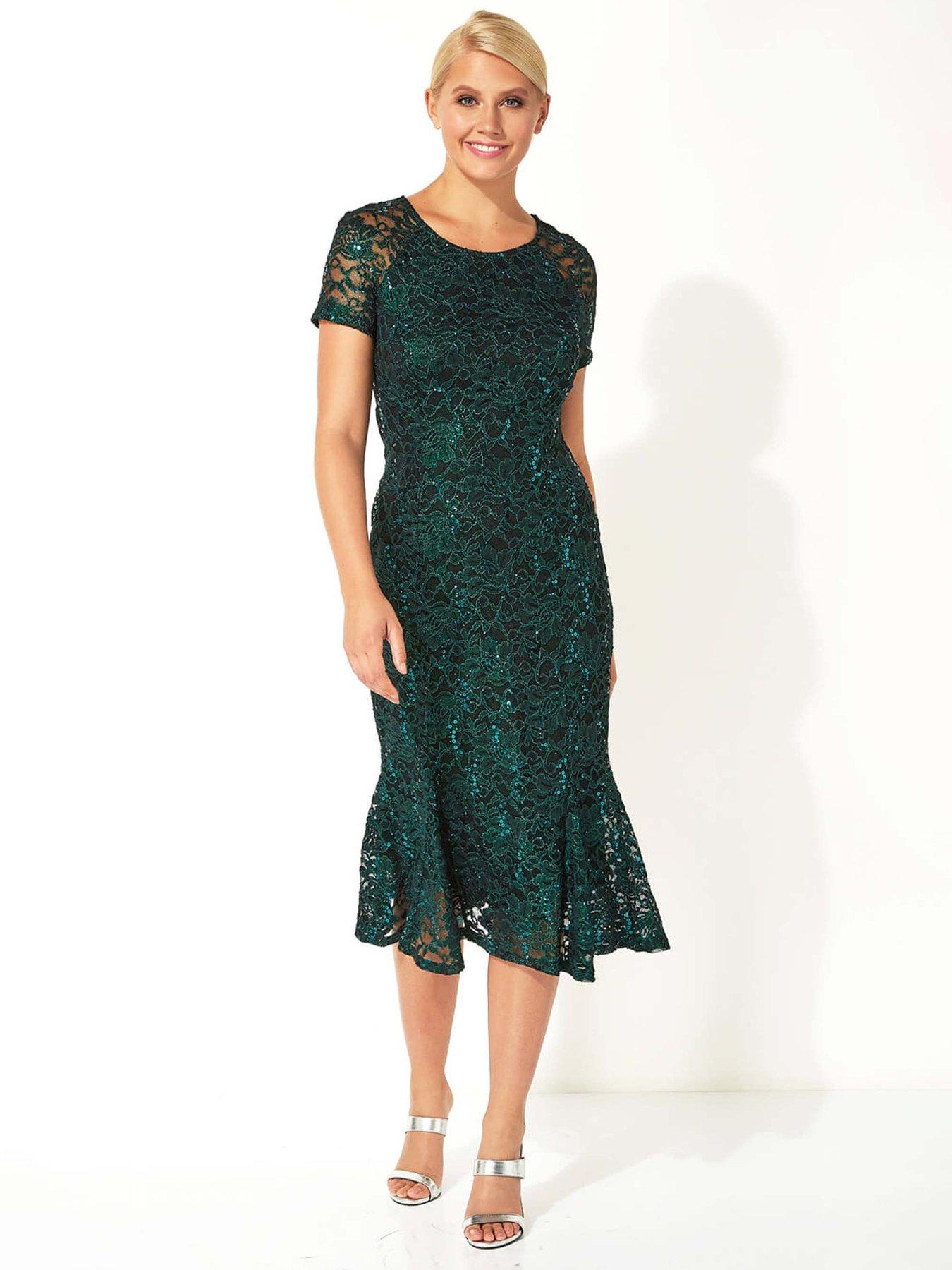 Roman Metallic Lace Sequin Midi Dress - Green
