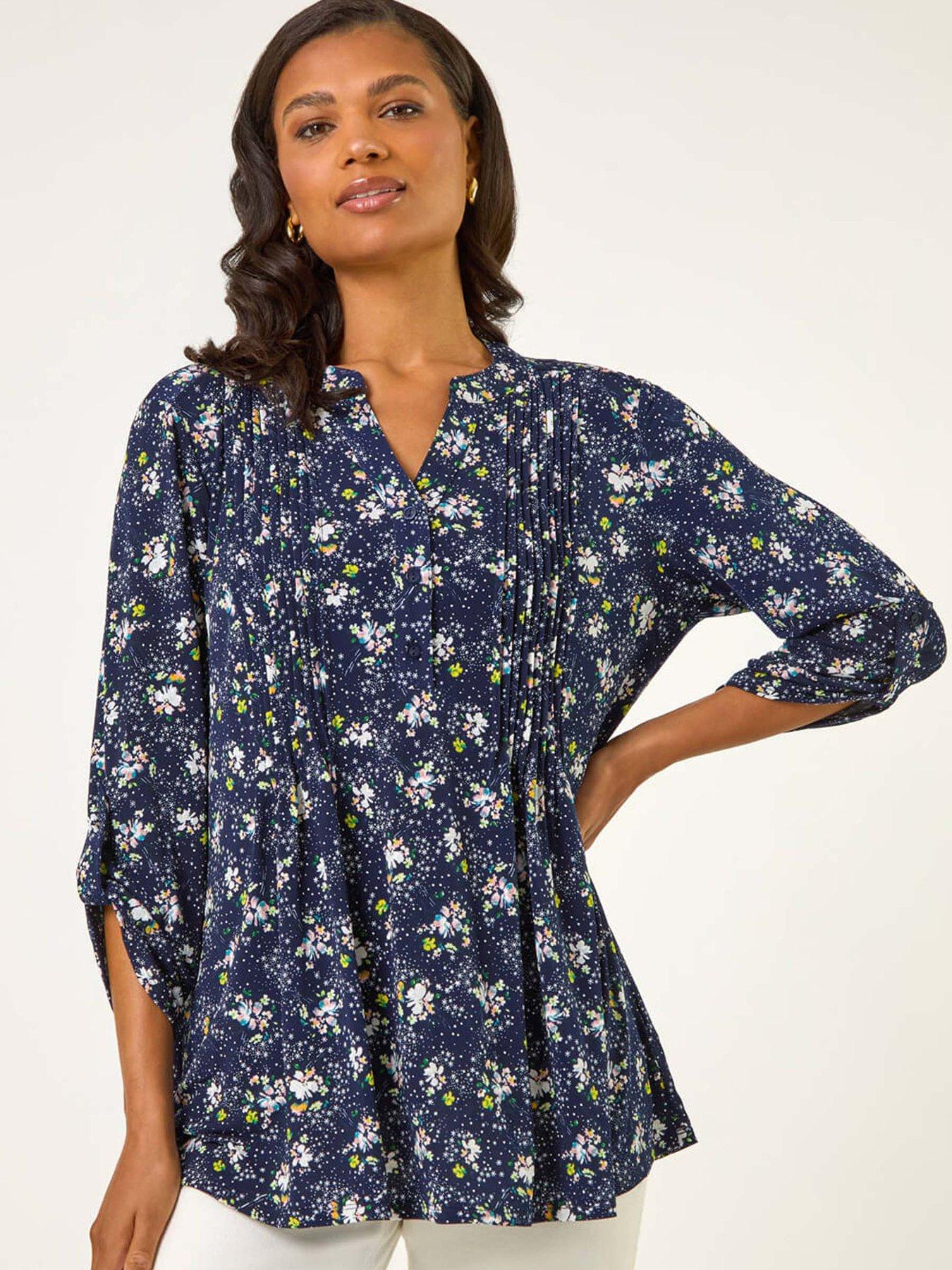 Roman Ditsy Floral Print Stretch Shirt - Navy