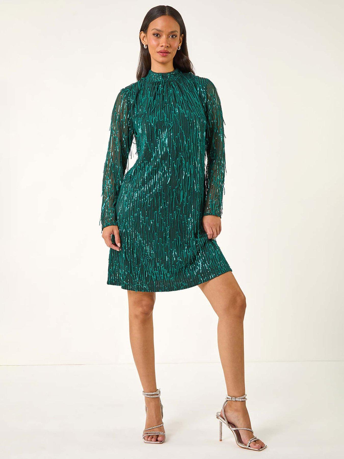 Roman Dusk All Over Fringe Shift Dress - Green
