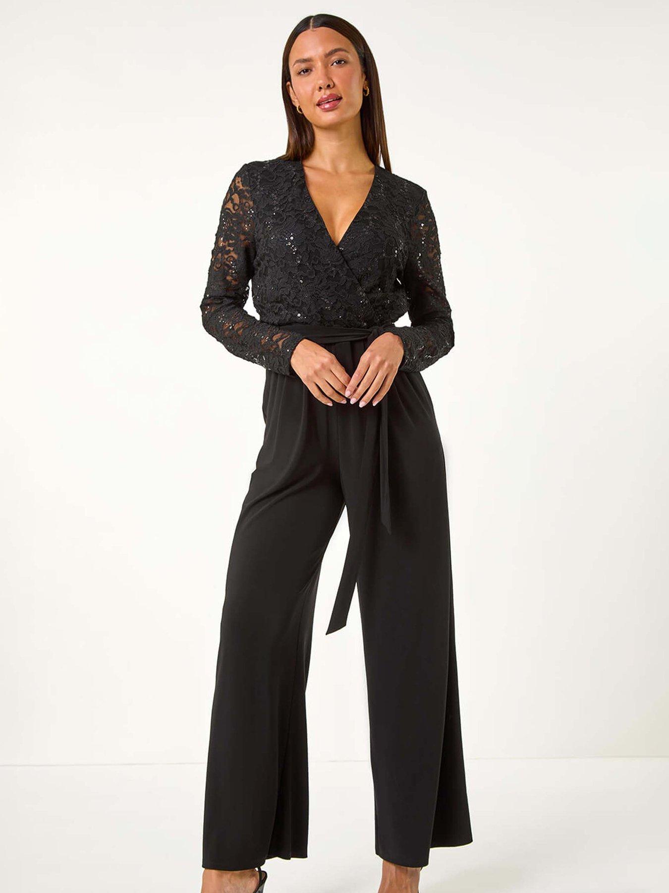 Roman Sequin Lace V-neck Stretch Jumpsuit - Black