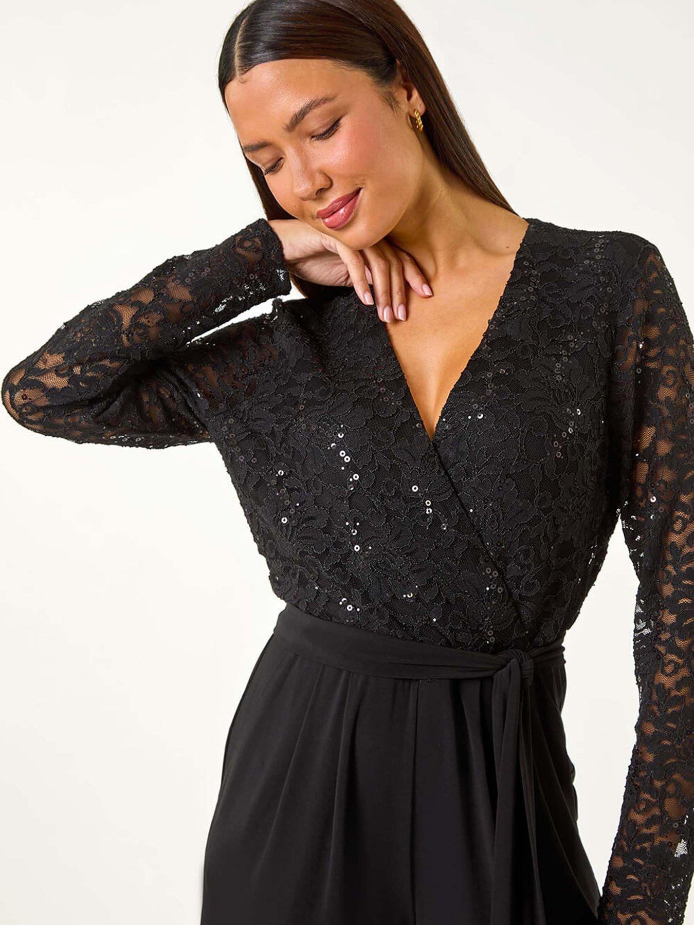 Image 4 of 5 of Roman Sequin Lace V-neck Stretch Jumpsuit - Black
