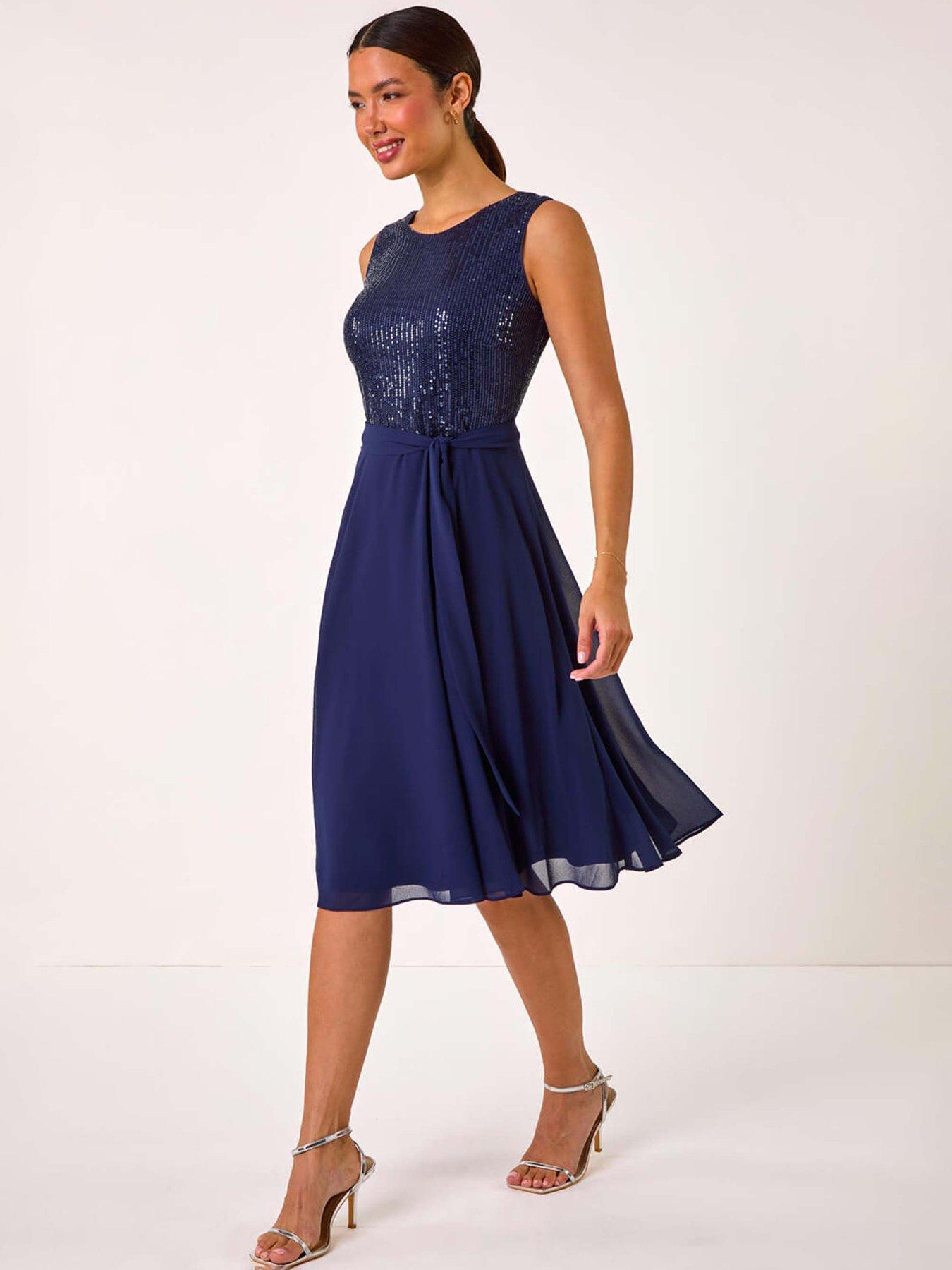 Roman Sequin Bodice Belted Chiffon Dress - Navy