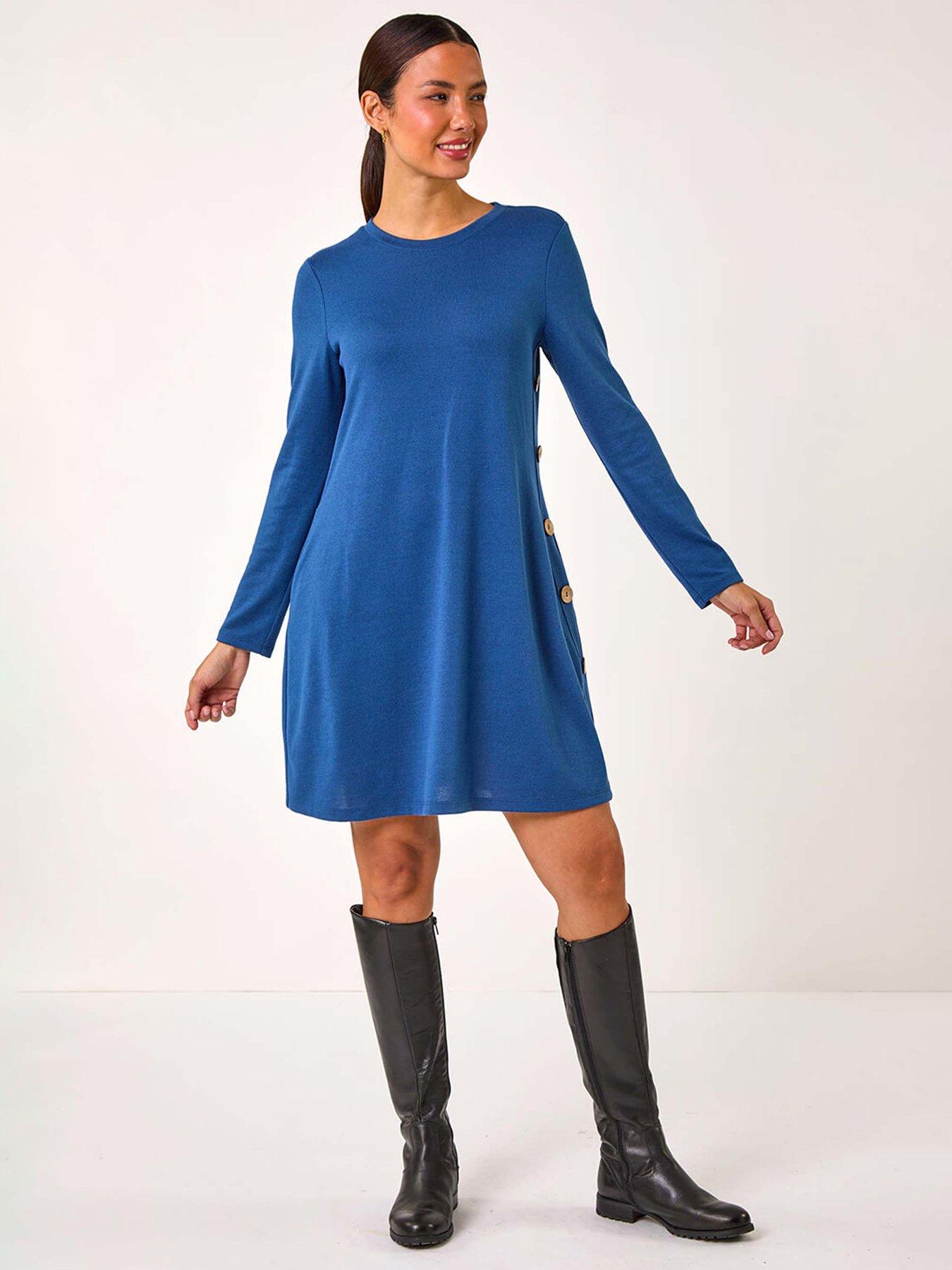 Image 1 of 5 of Roman Side Button Detail Stretch Swing Dress - Blue
