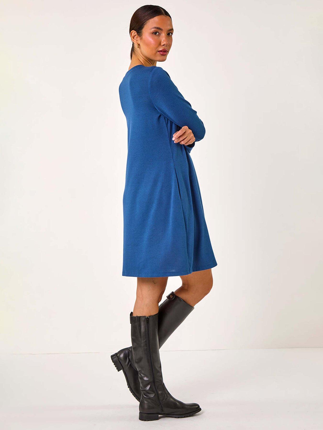 Image 2 of 5 of Roman Side Button Detail Stretch Swing Dress - Blue