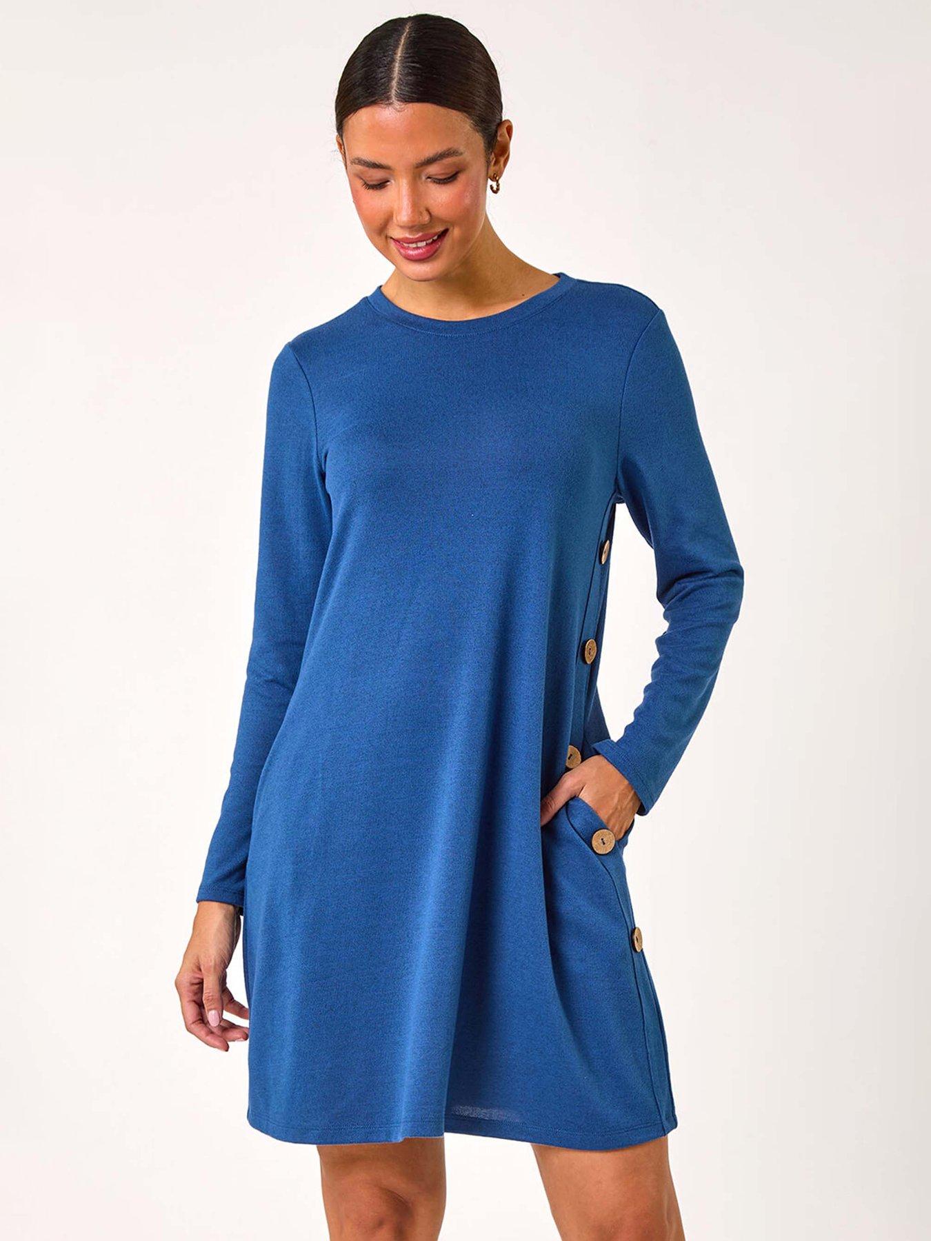 Image 3 of 5 of Roman Side Button Detail Stretch Swing Dress - Blue