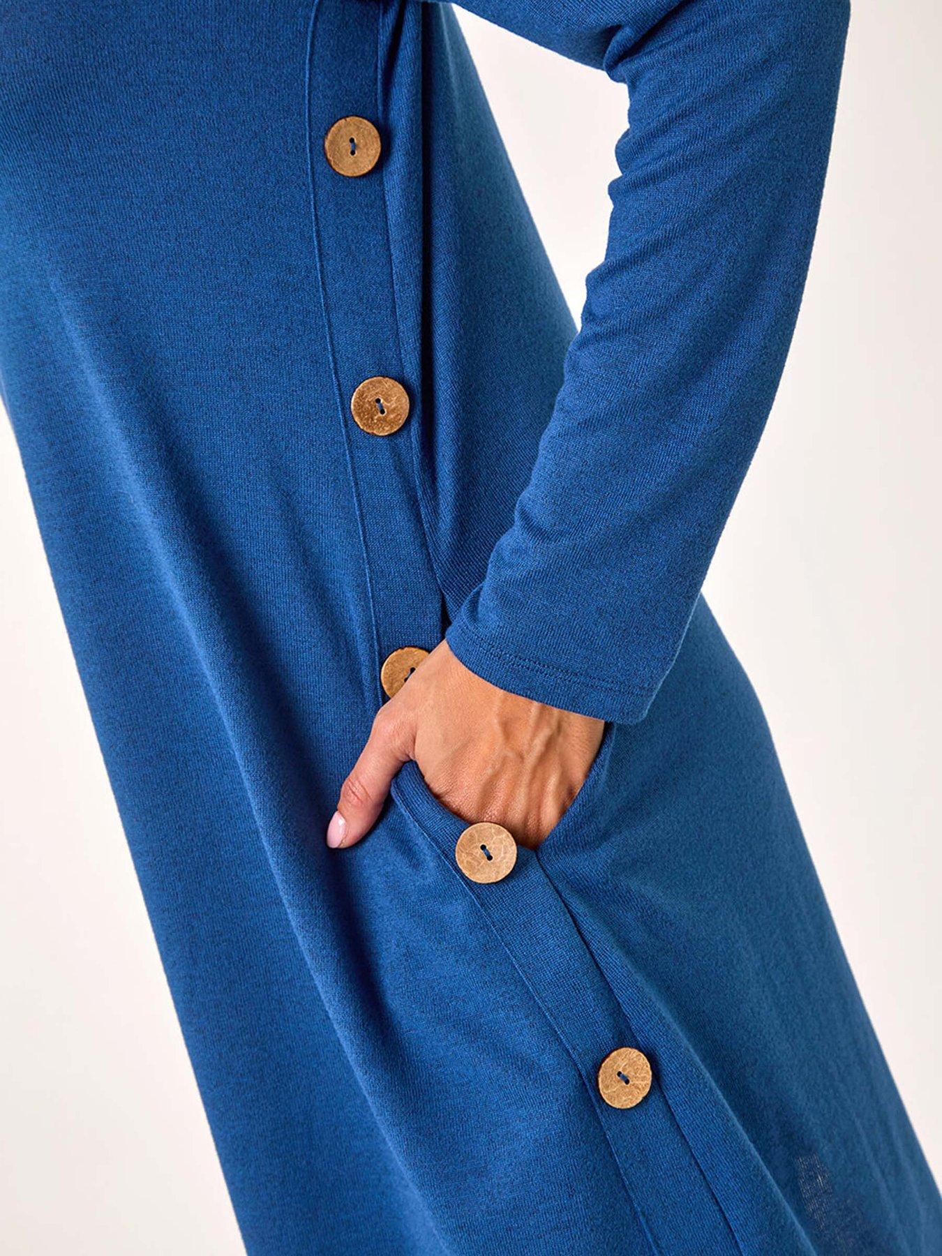 Image 5 of 5 of Roman Side Button Detail Stretch Swing Dress - Blue