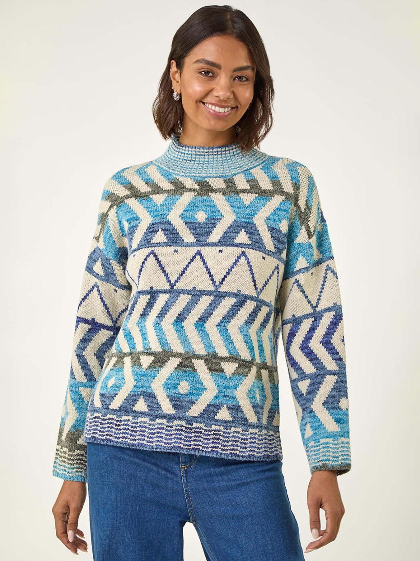 Roman Aztec High Neck Knit Jumper - Blue