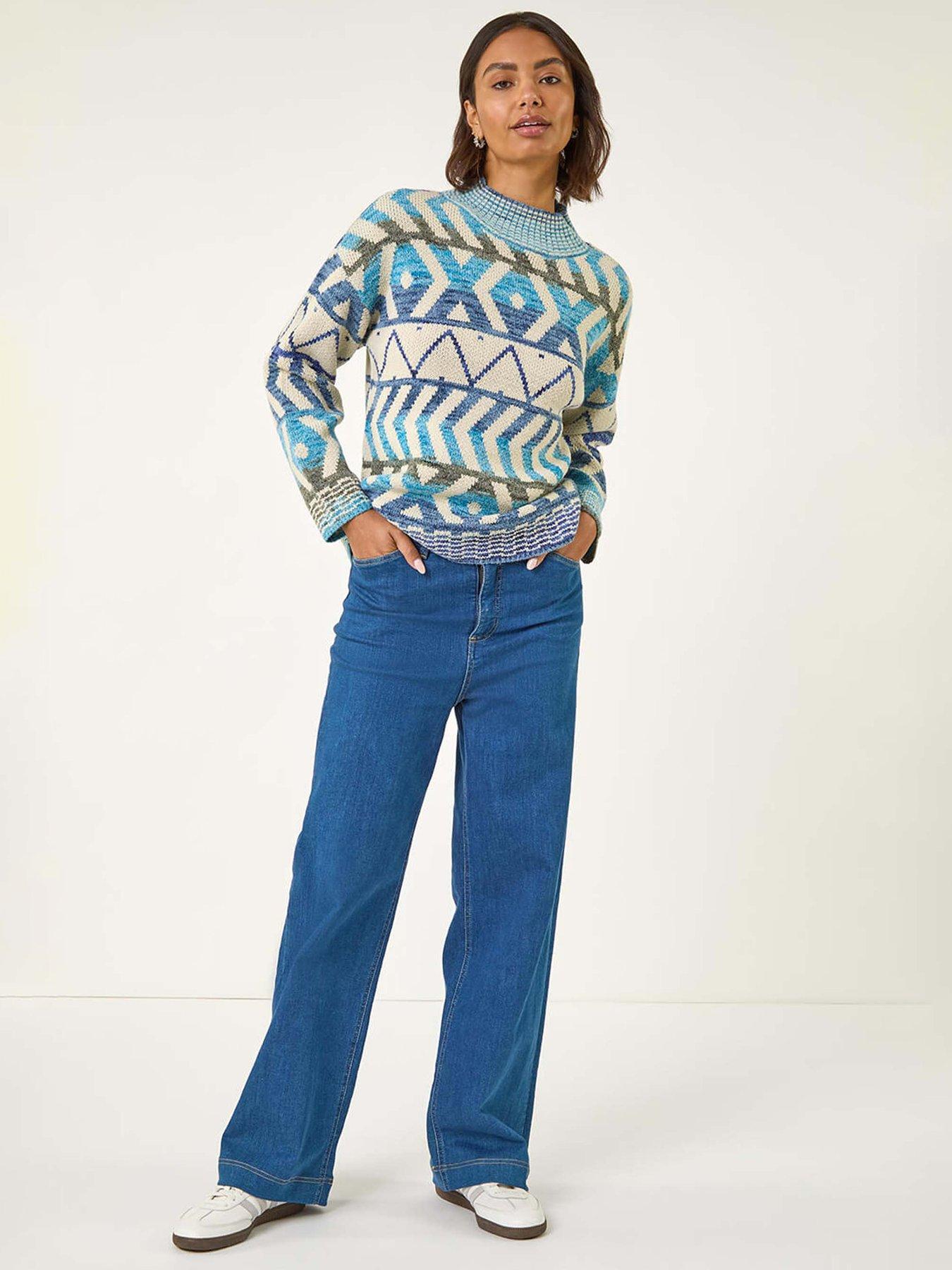Image 3 of 5 of Roman Aztec High Neck Knit Jumper - Blue