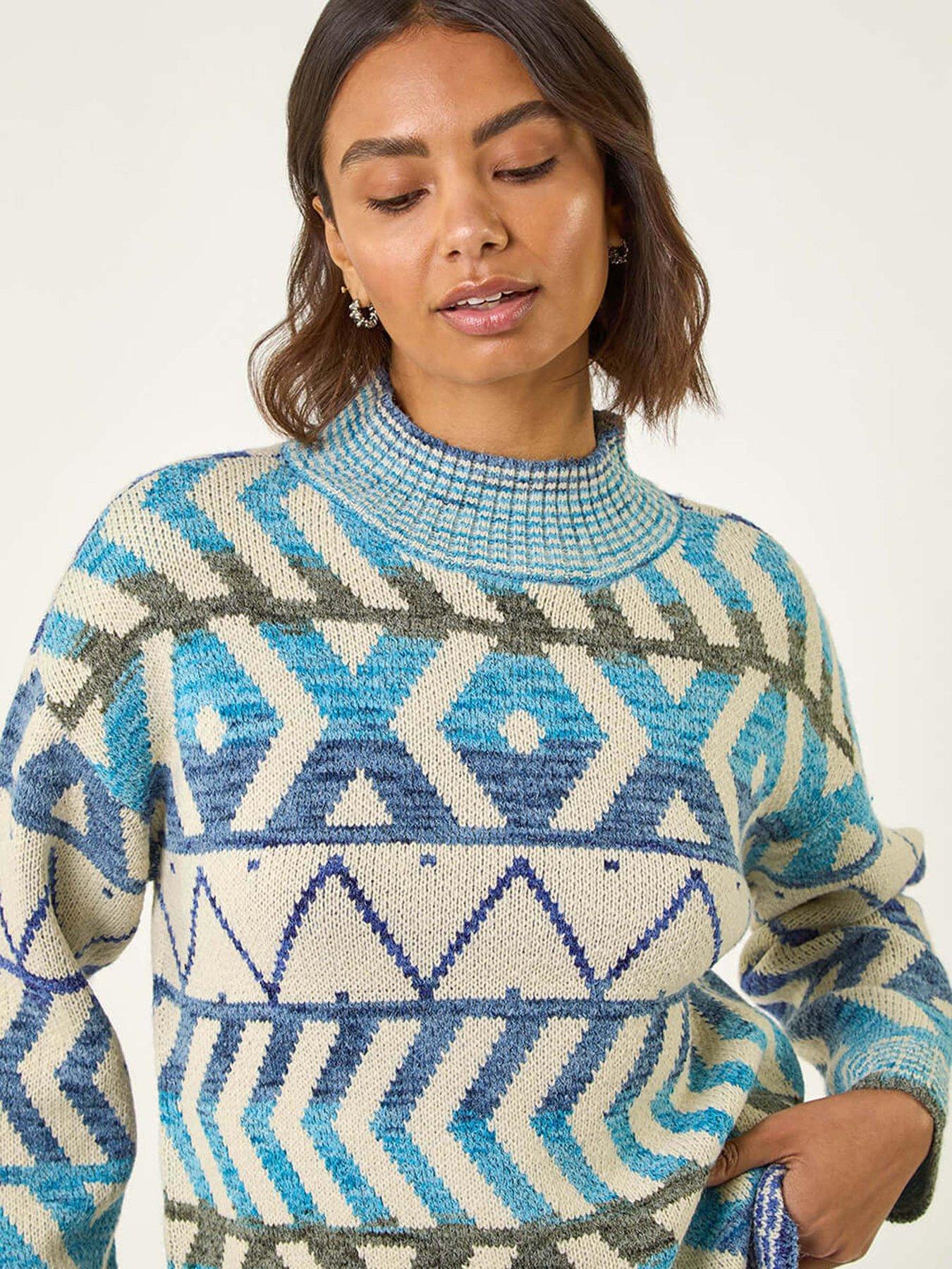 Image 4 of 5 of Roman Aztec High Neck Knit Jumper - Blue
